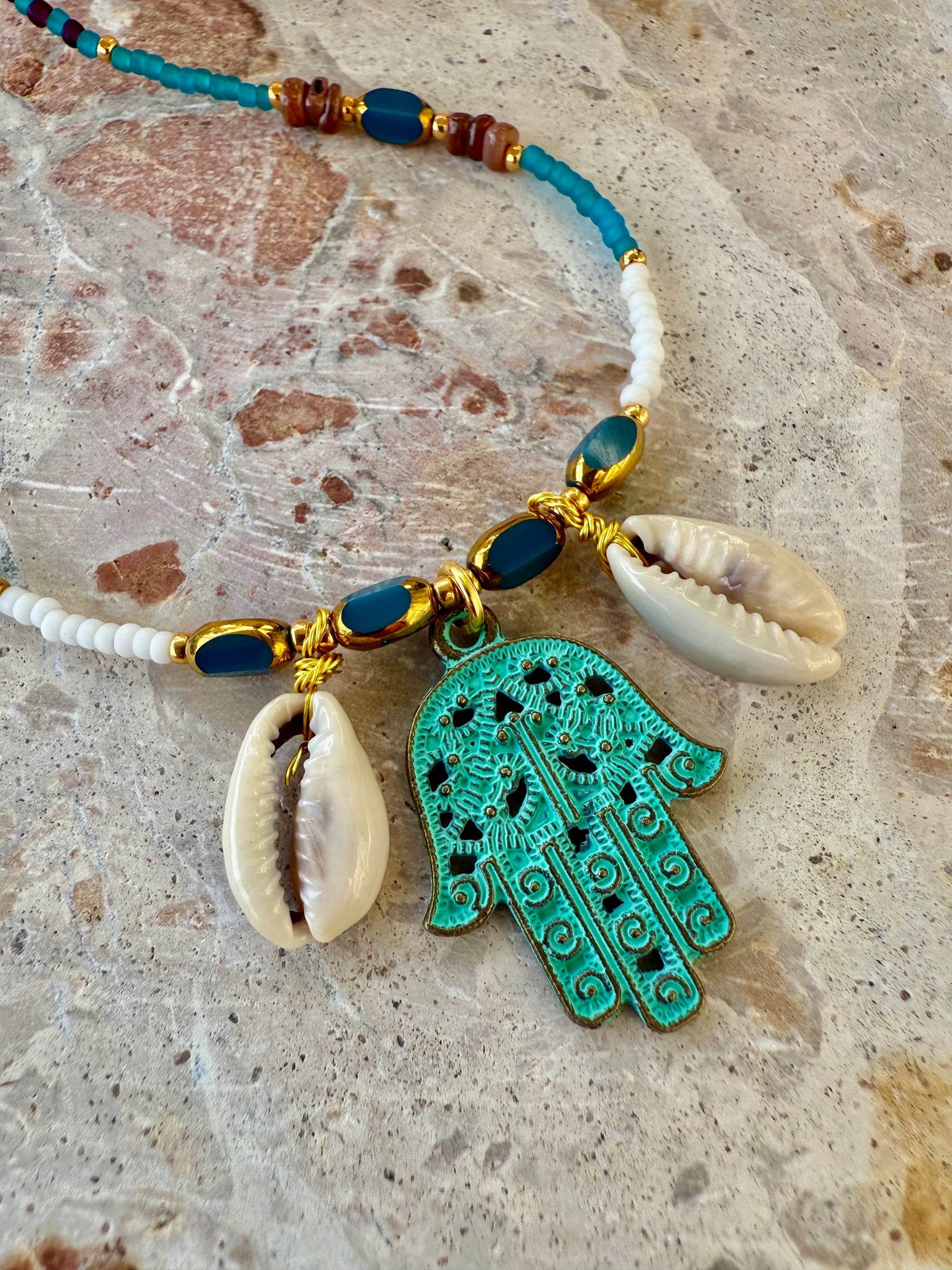 Hasma Hand Cowrie Shell Seed Bead Necklace
