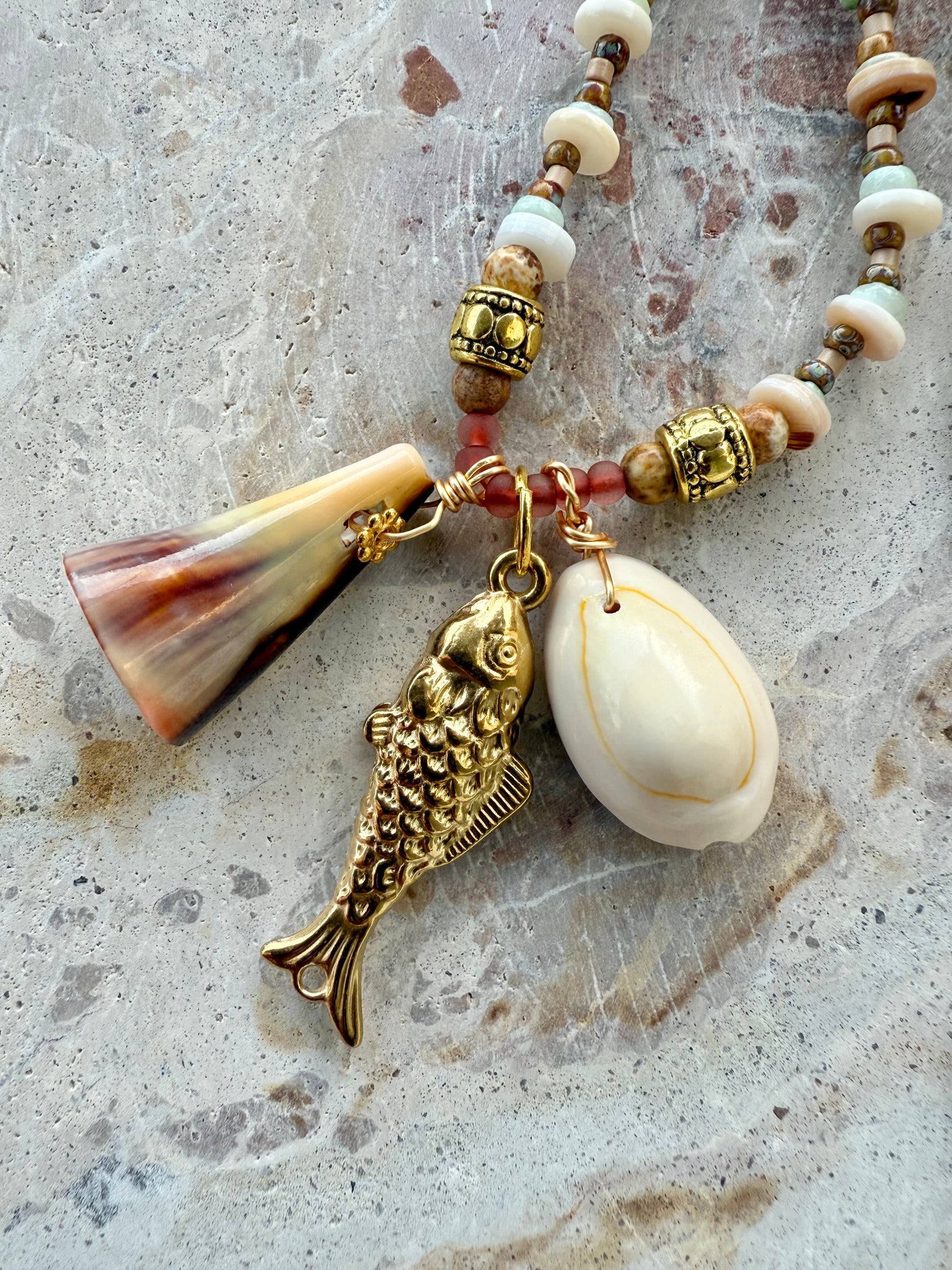 Brown Beaded Cowrie Shell Necklace