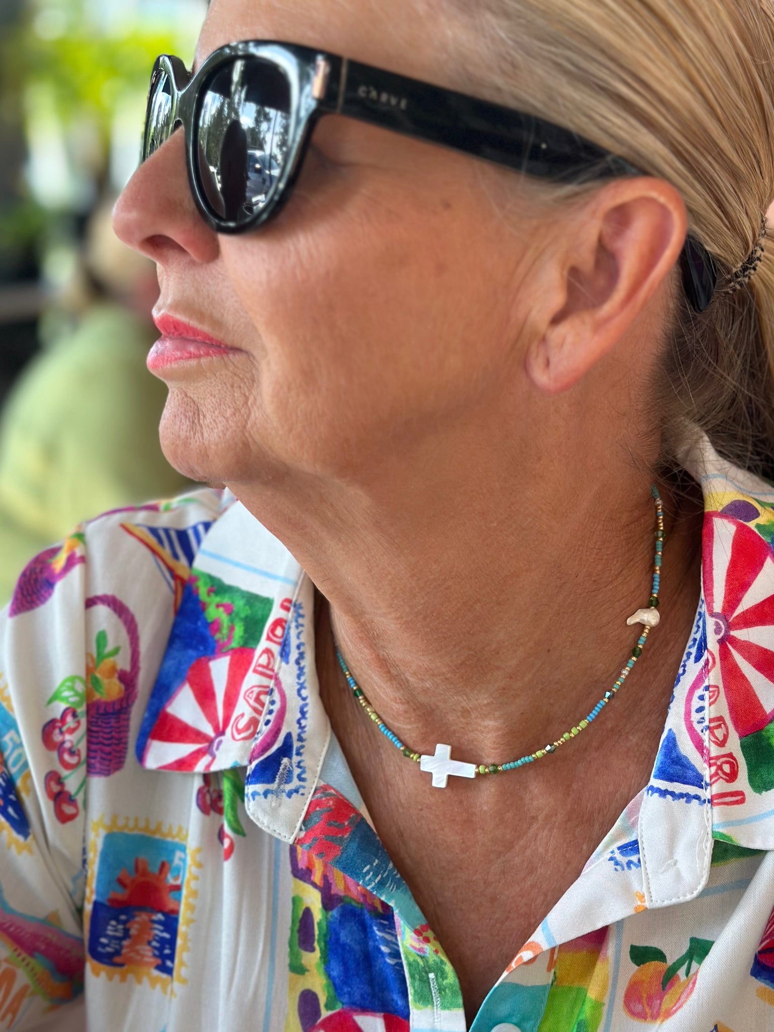 Aqua Seed Bead Shell Cross Necklace