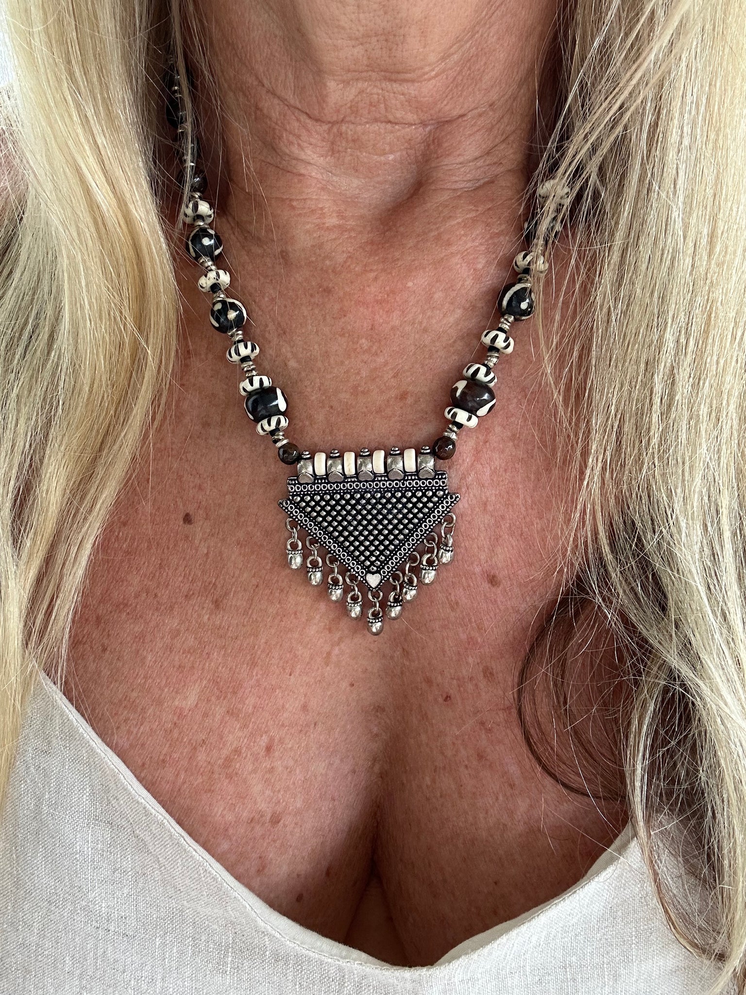 Vintage Silver Indian Beaded Stone Necklace