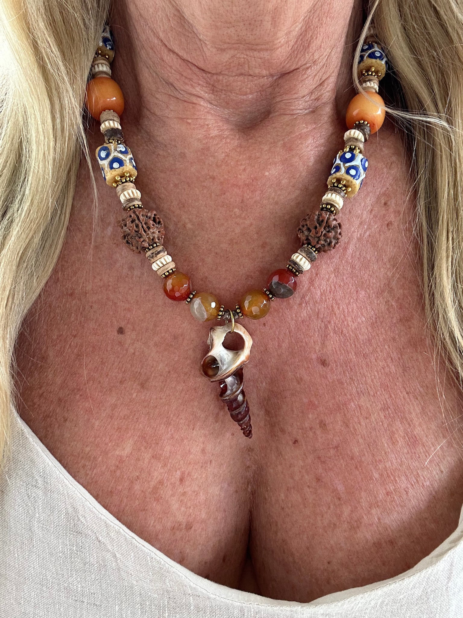 African Trade Bead Rudraksha Nut Shell Necklace