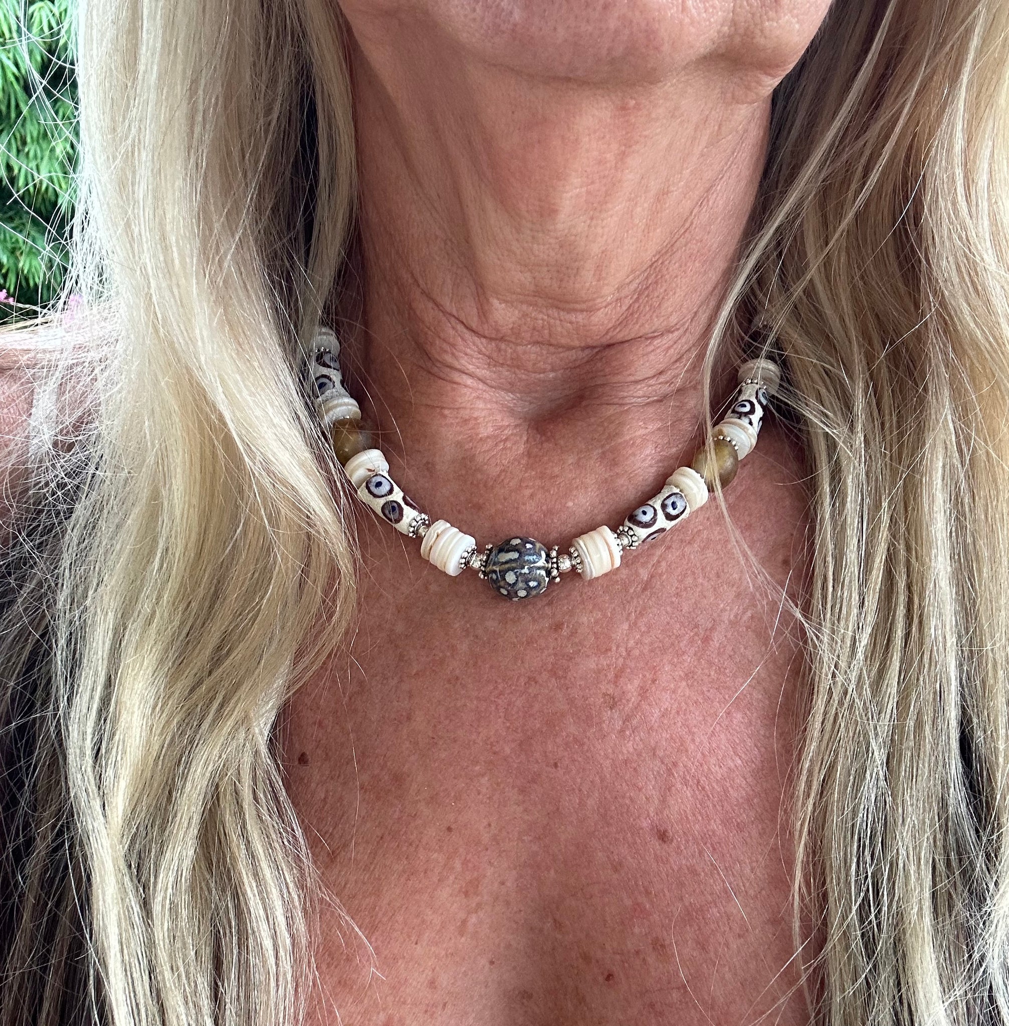 African Trade Bead Beaded Shell Necklace