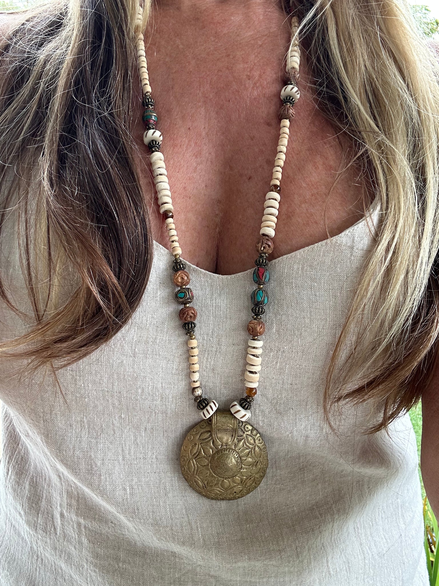 African Beaded Brass Amulet Necklace