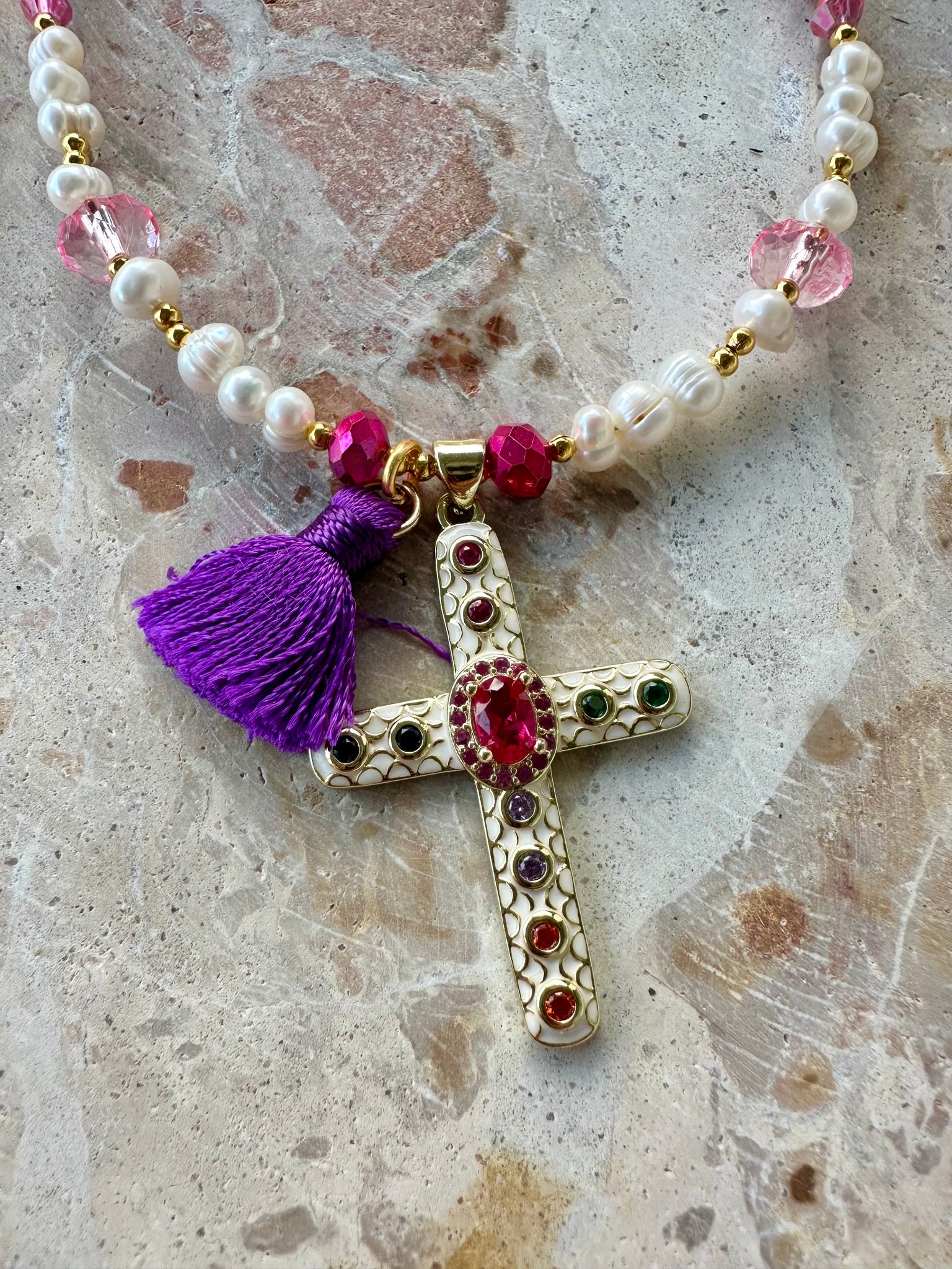 Pink Crystal Pearl Cross Necklace