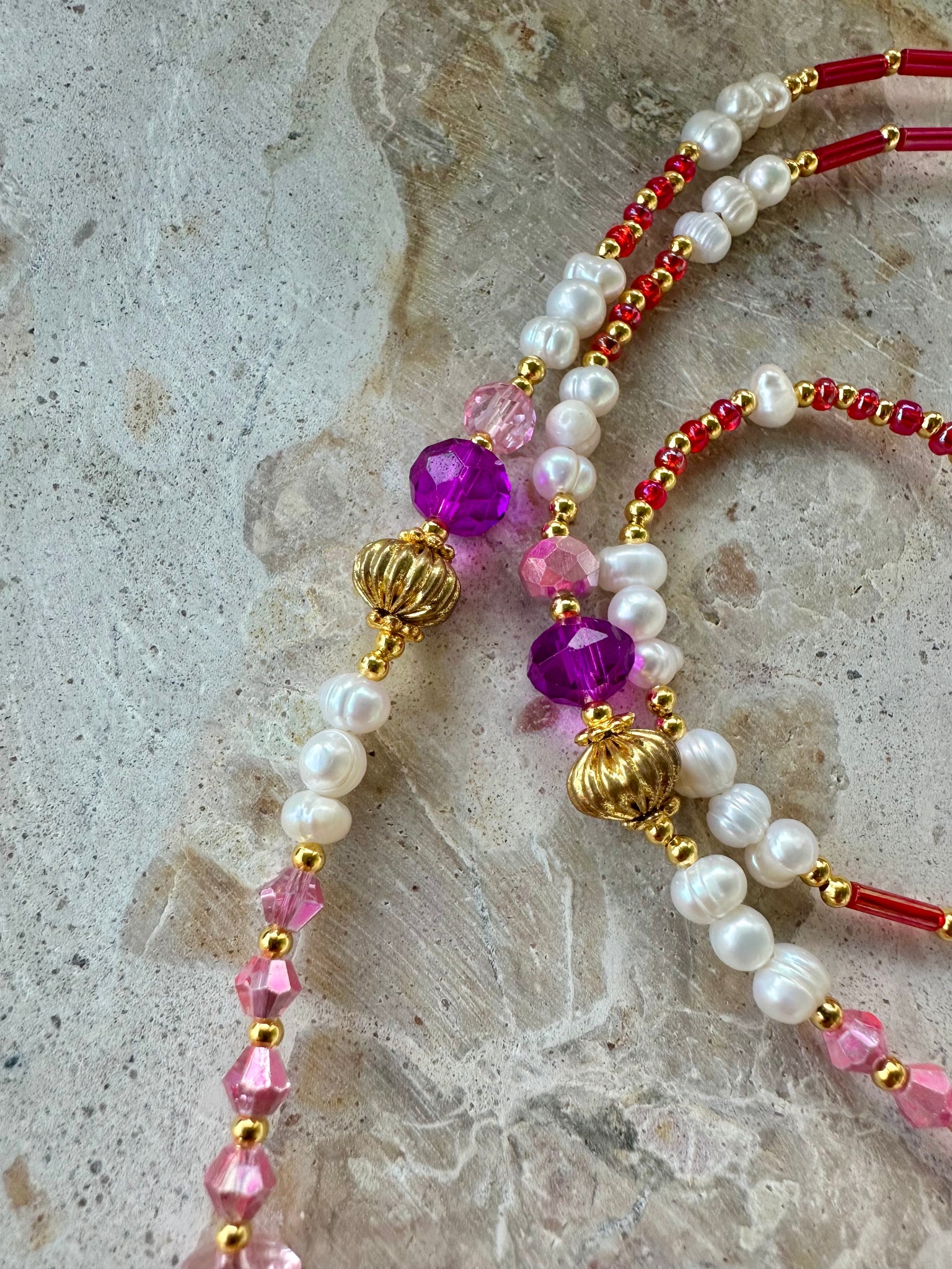 Pink Crystal Pearl Cross Necklace