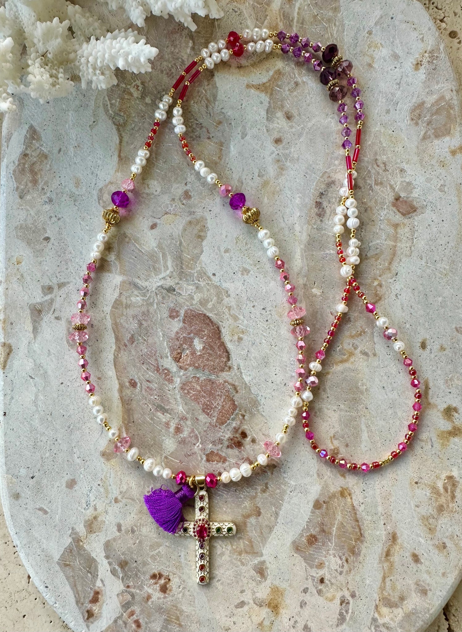 Pink Crystal Pearl Cross Necklace