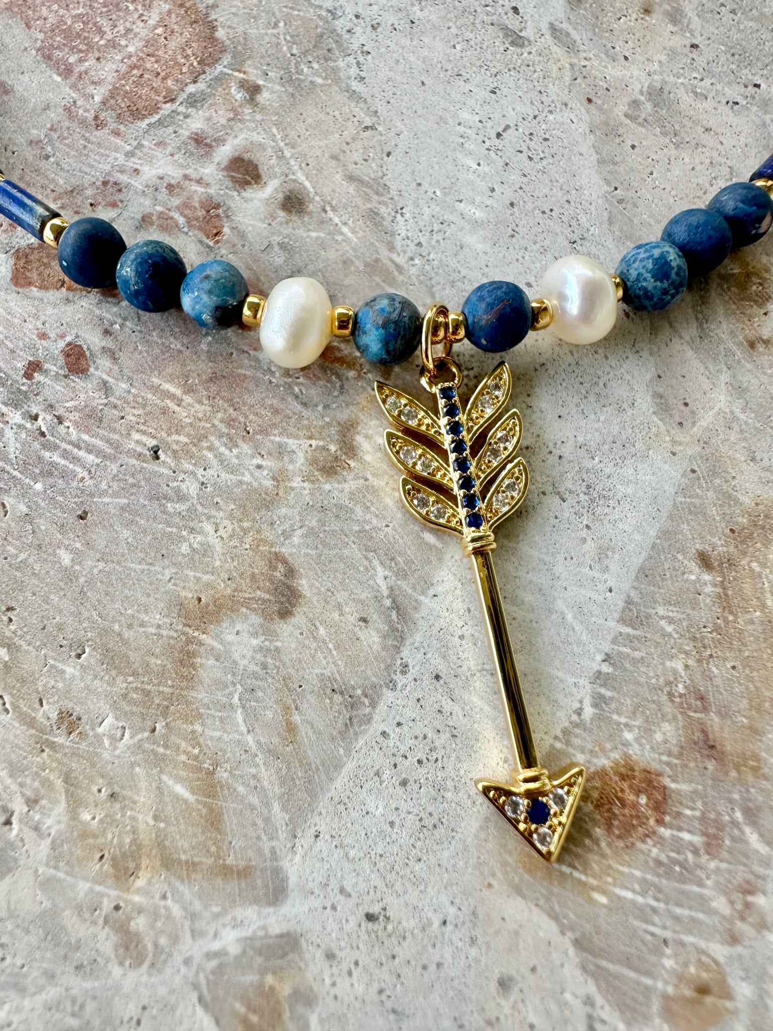 Lapis Stone Beaded Arrow Charm Necklace