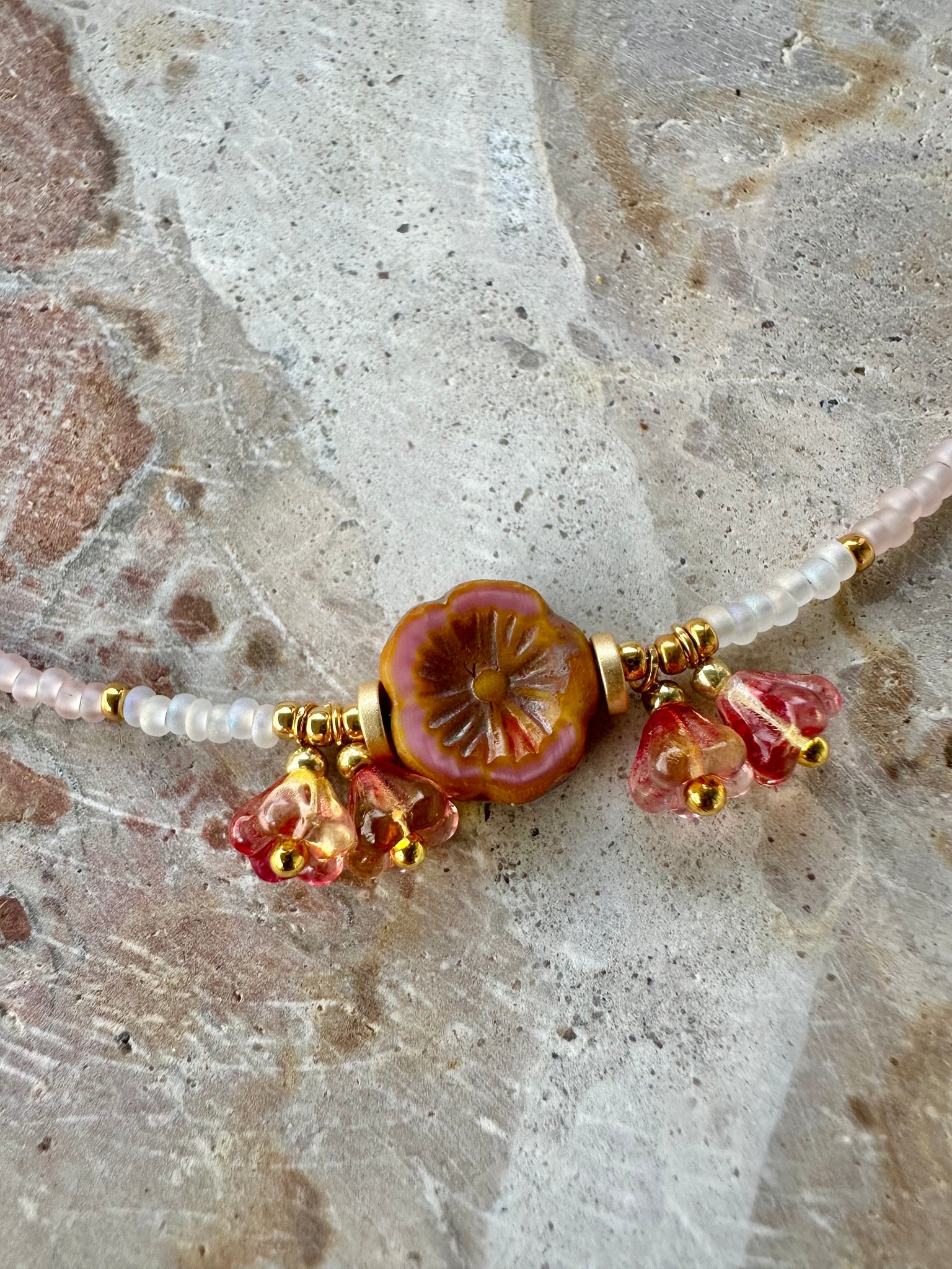 Pink Flower Seed Bead Choker