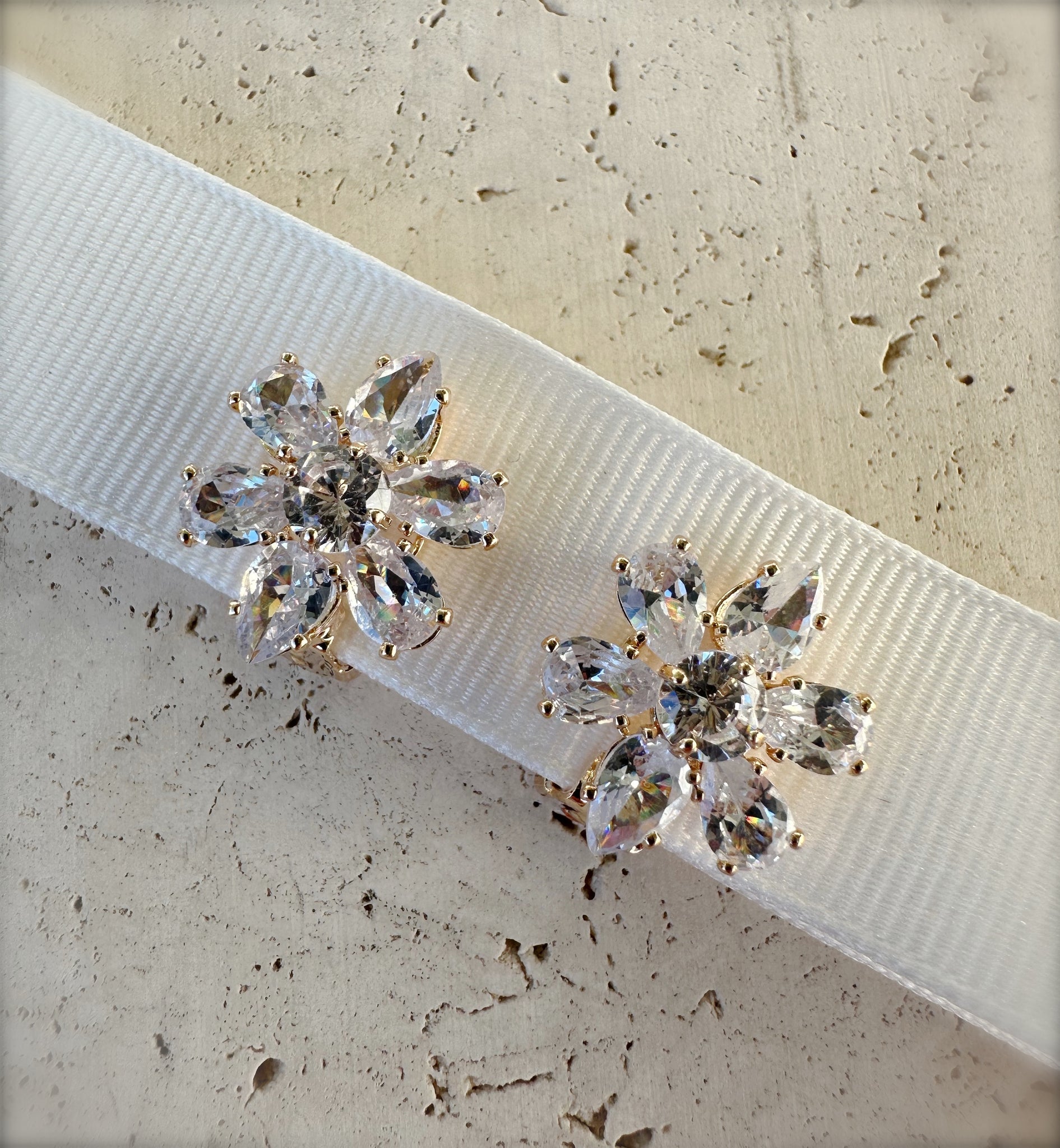 Crystal Flower Clip On Earrings
