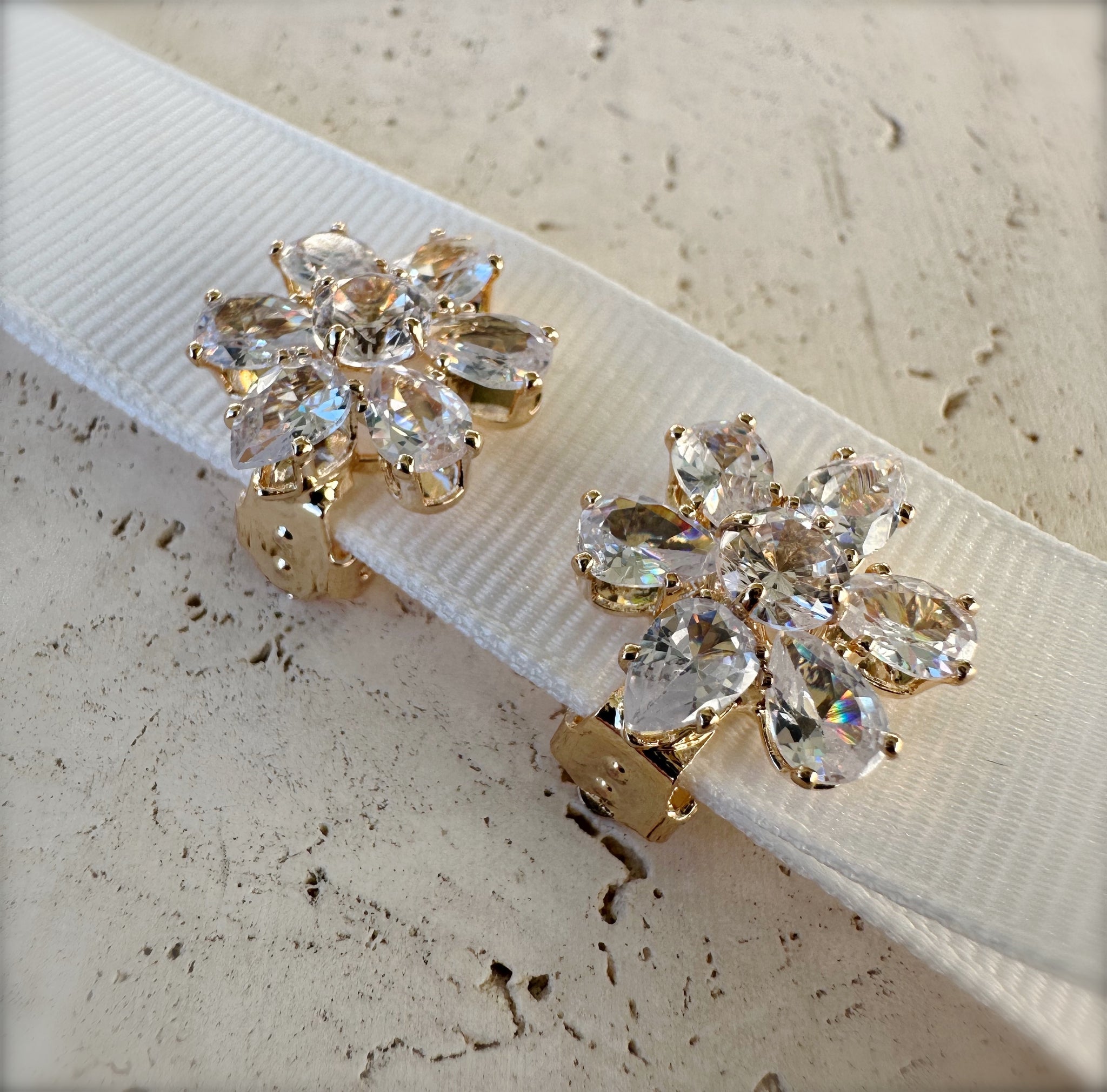 Crystal Flower Clip On Earrings