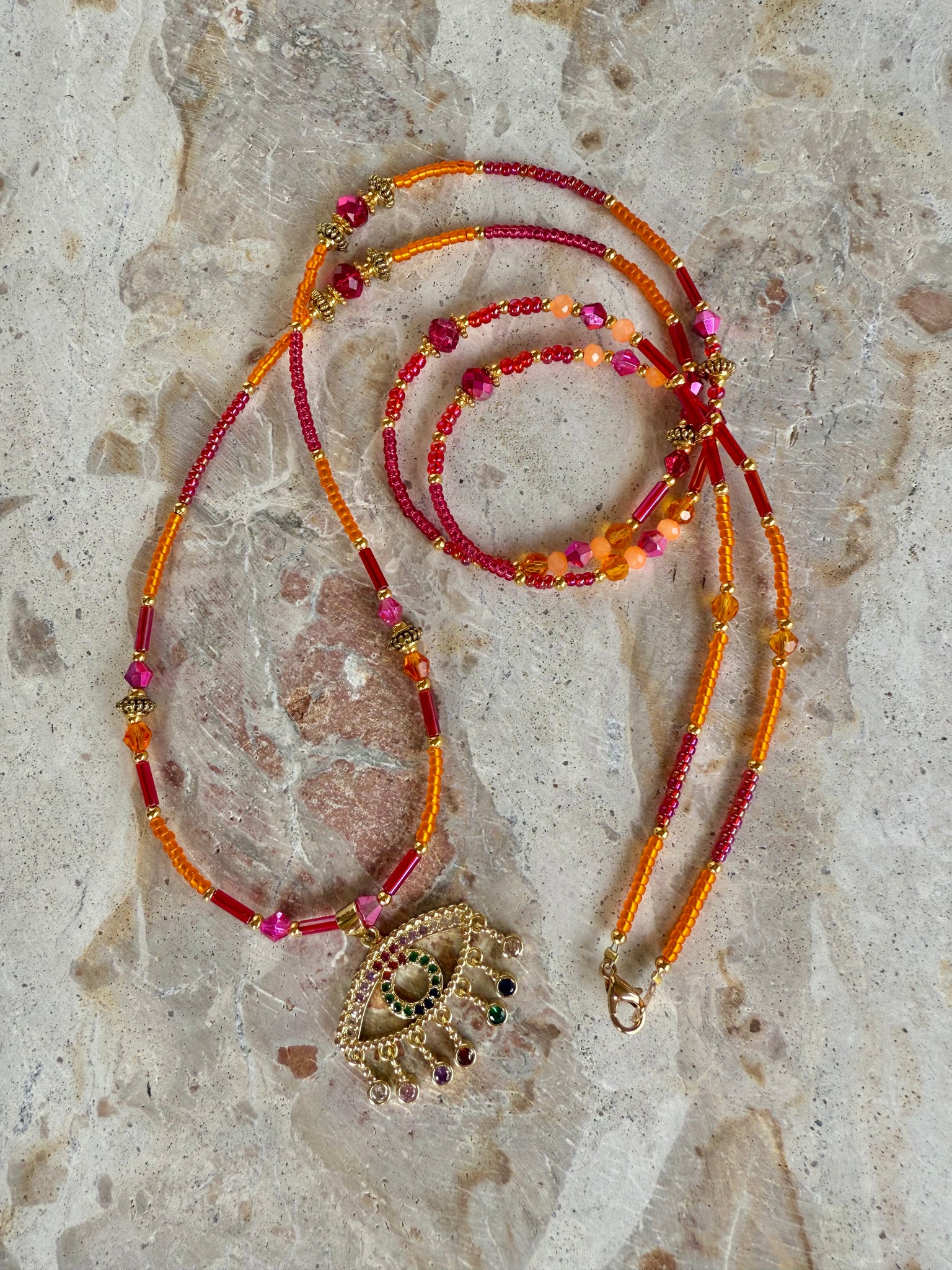 Orange Evil Eye Charm Seed Bead Necklace