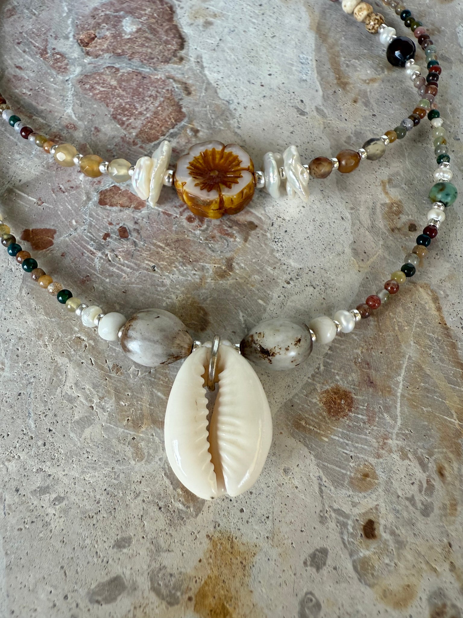 Beaded Agate Stone Cowrie Shell Necklace