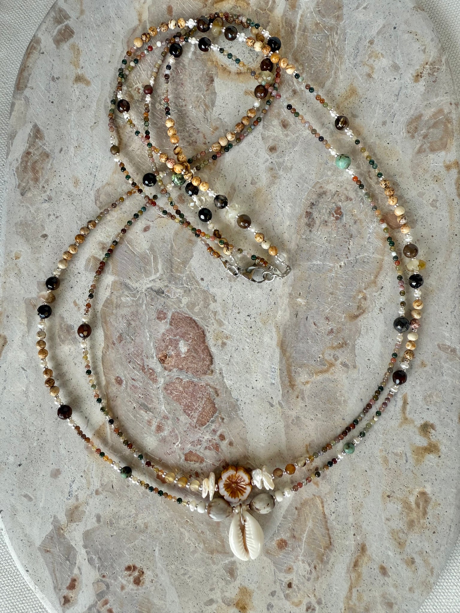 Beaded Agate Stone Cowrie Shell Necklace