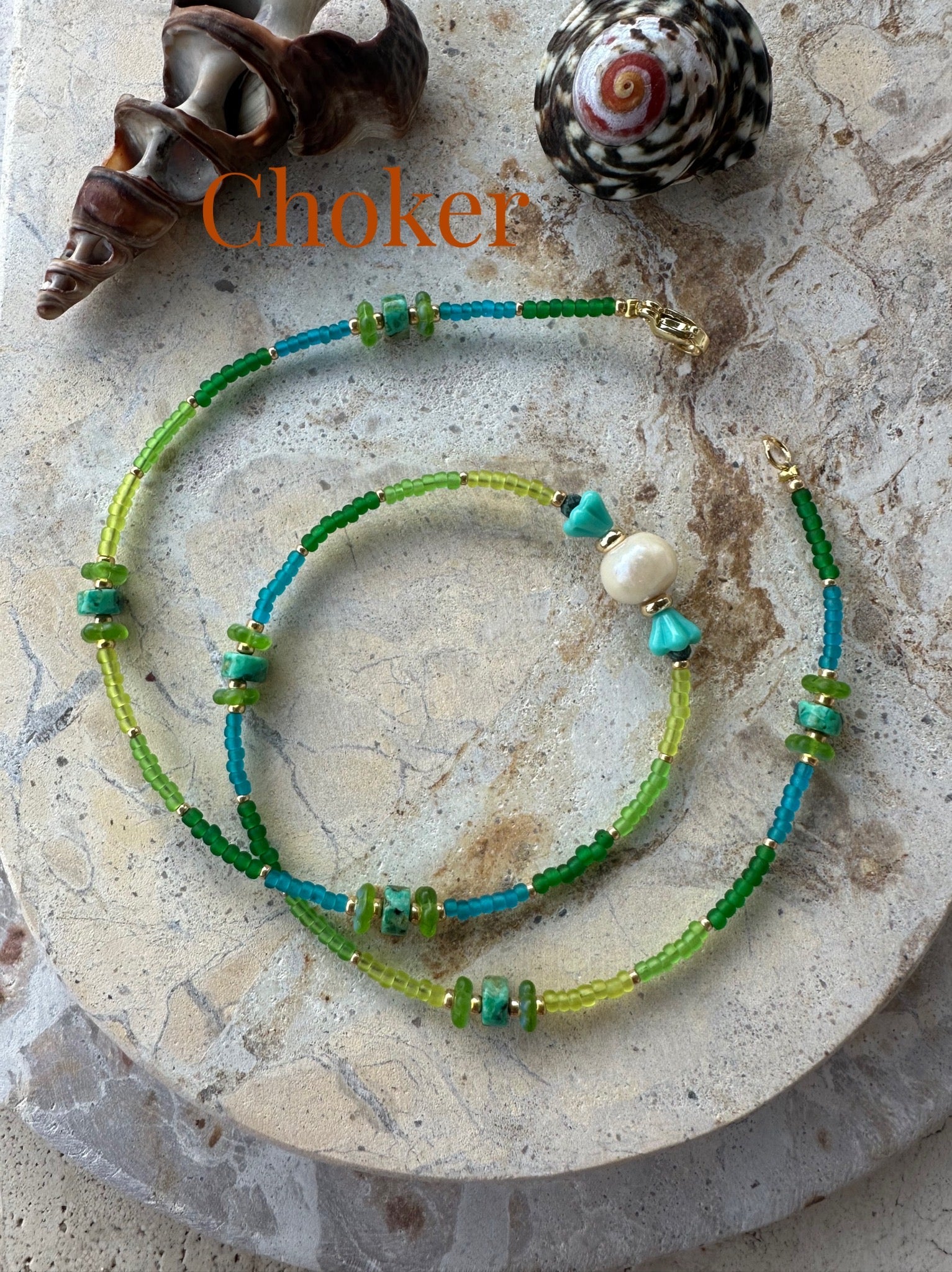 Green Seed Bead Pearl Flower Choker - Necklace