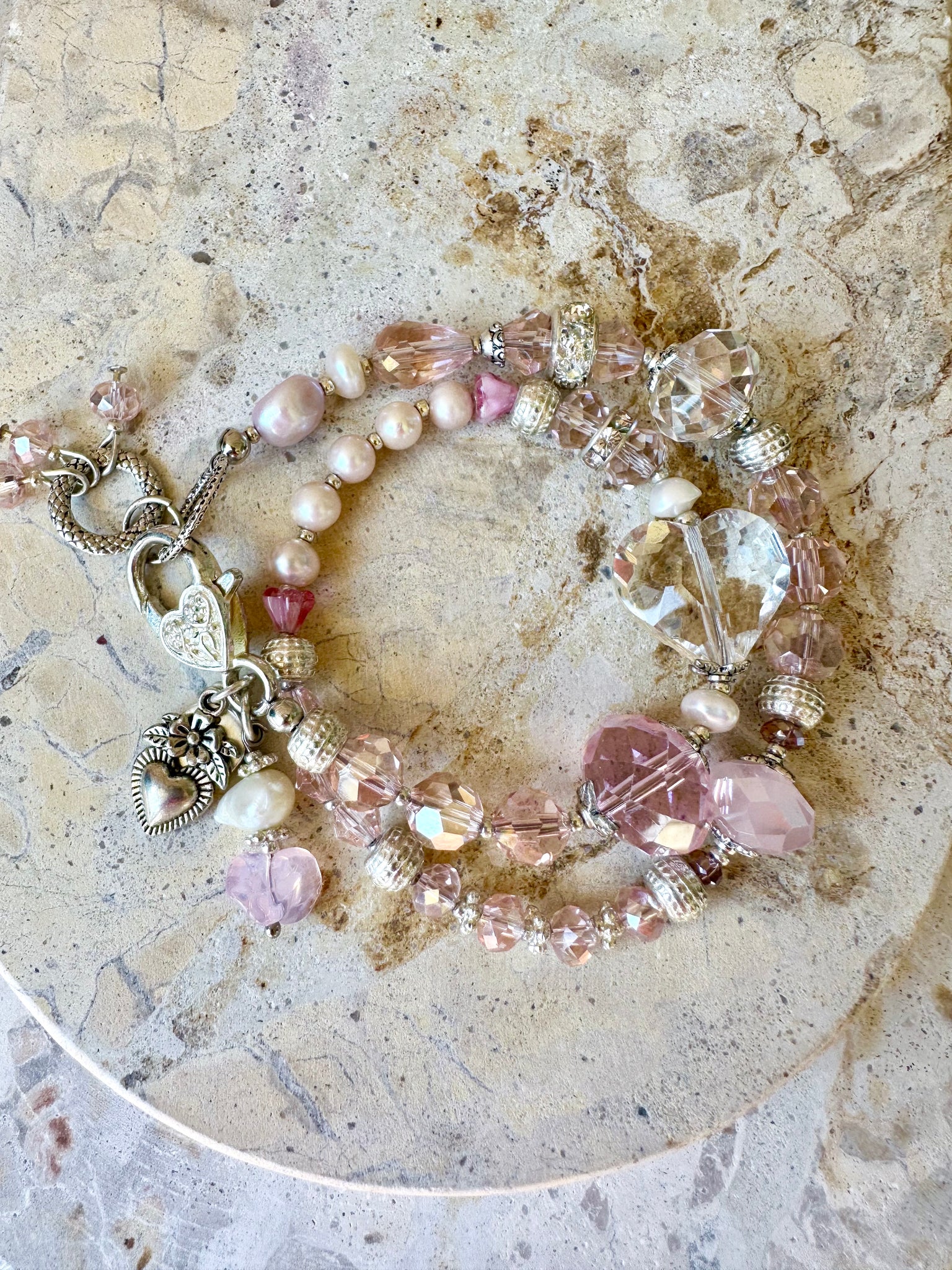 Pink Crystal Silver Beaded Wrap Bracelet