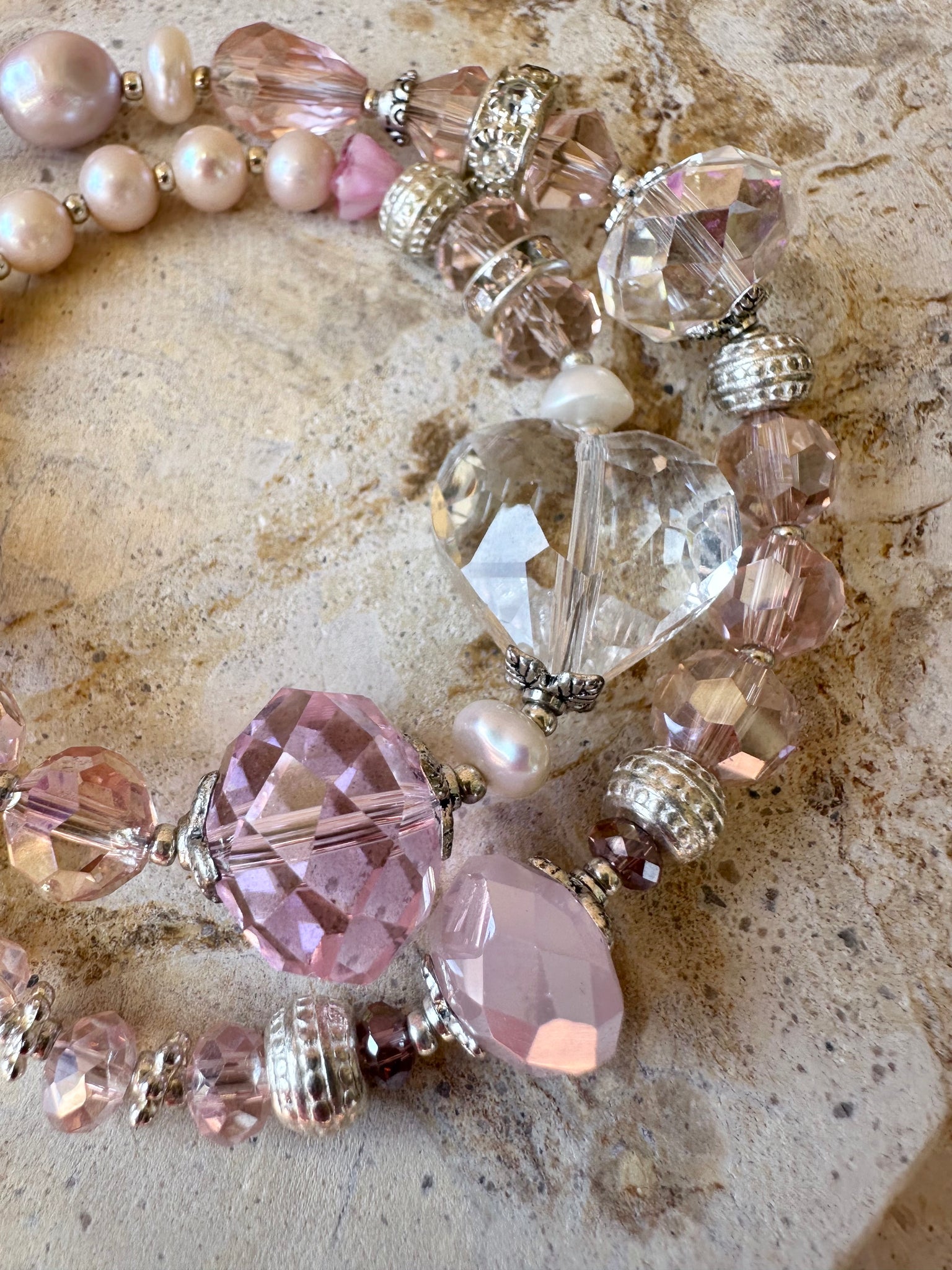 Pink Crystal Silver Beaded Wrap Bracelet