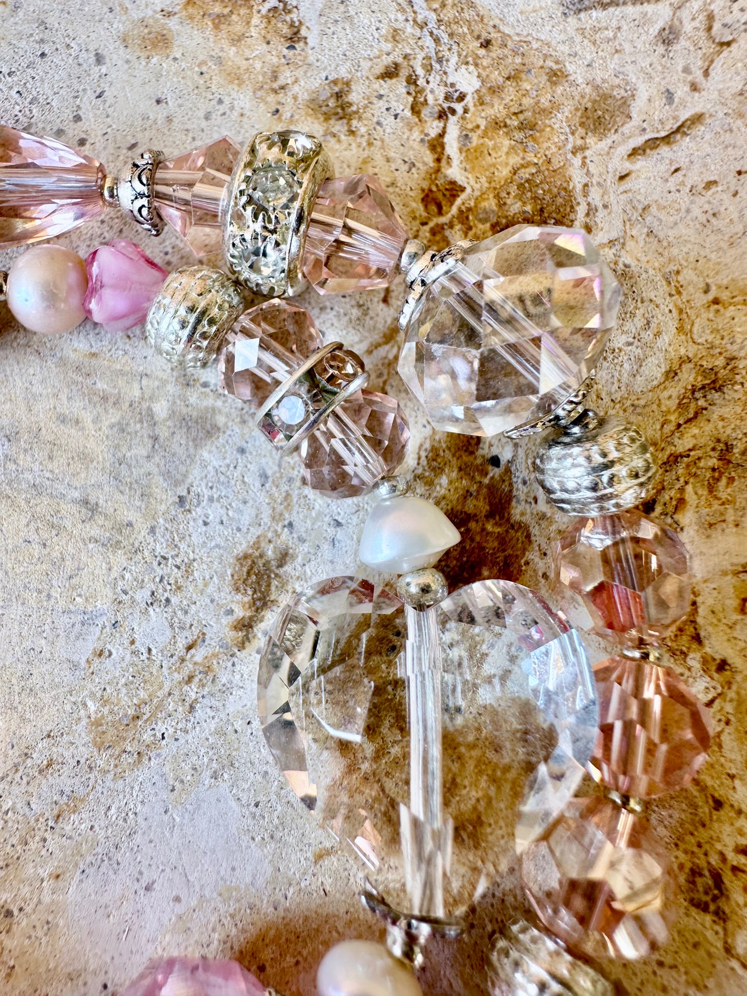 Pink Crystal Silver Beaded Wrap Bracelet