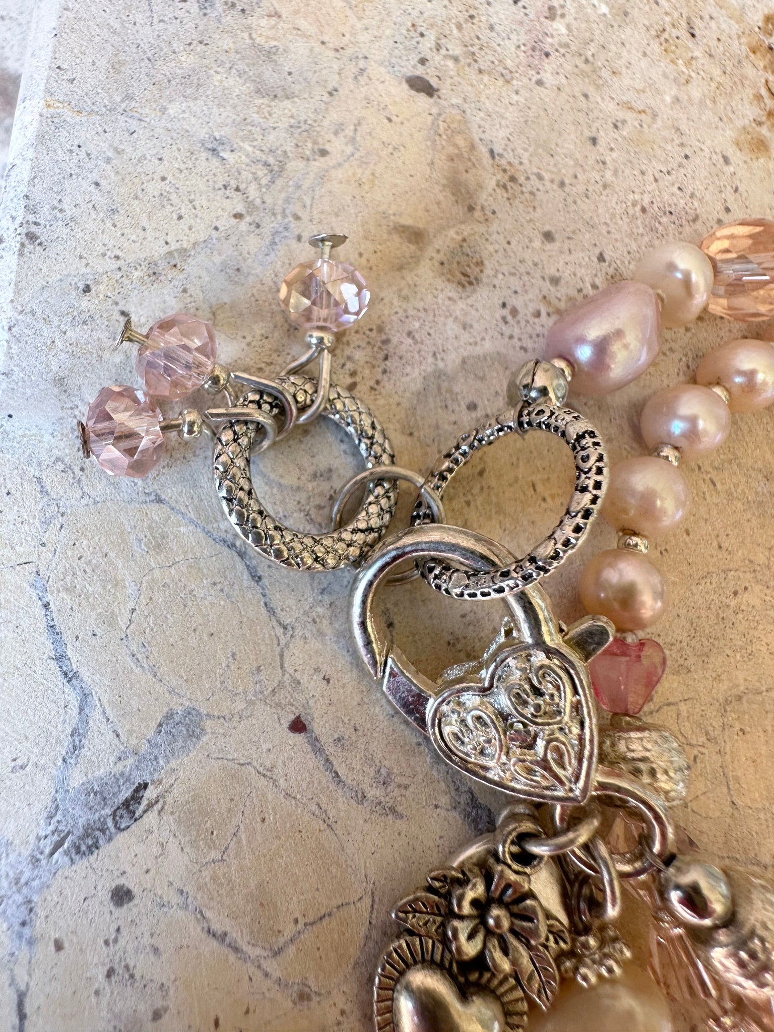 Pink Crystal Silver Beaded Wrap Bracelet