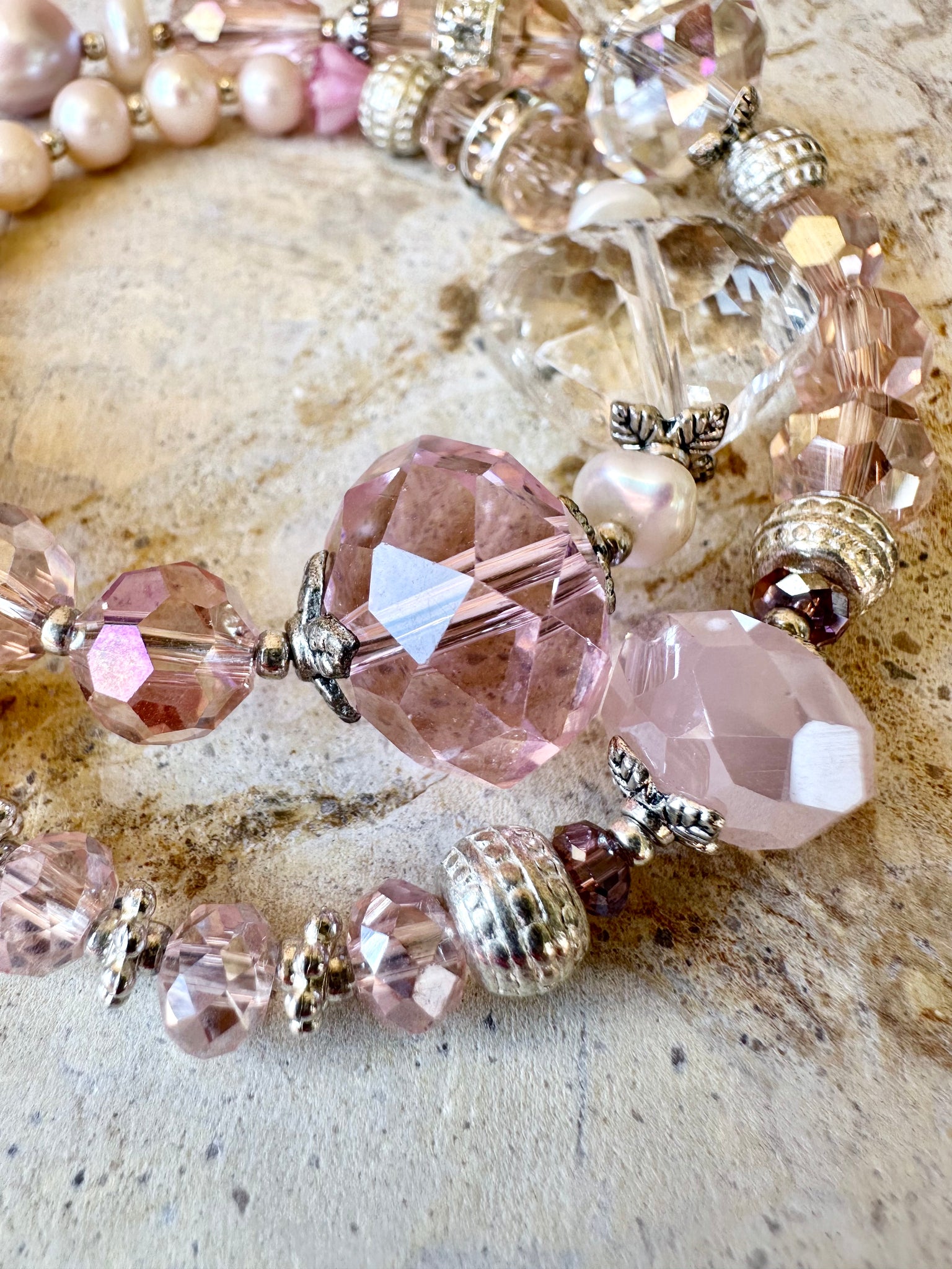 Pink Crystal Silver Beaded Wrap Bracelet