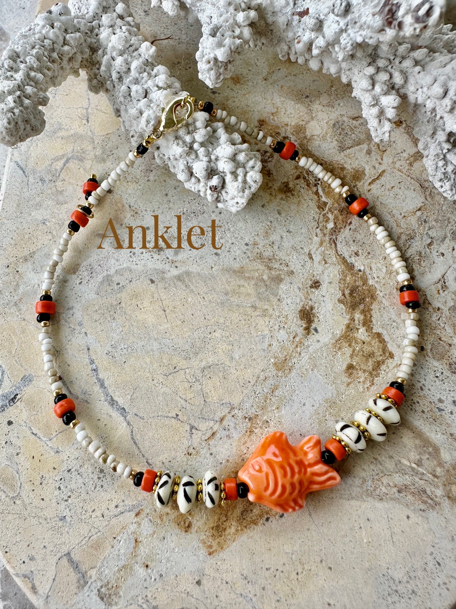 African Vintage Seed Bead Fish Anklet