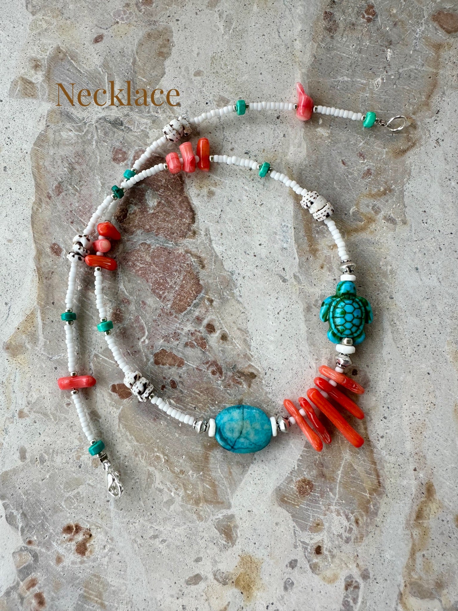 Turquoise Stone Red Shell Seed Bead Necklace