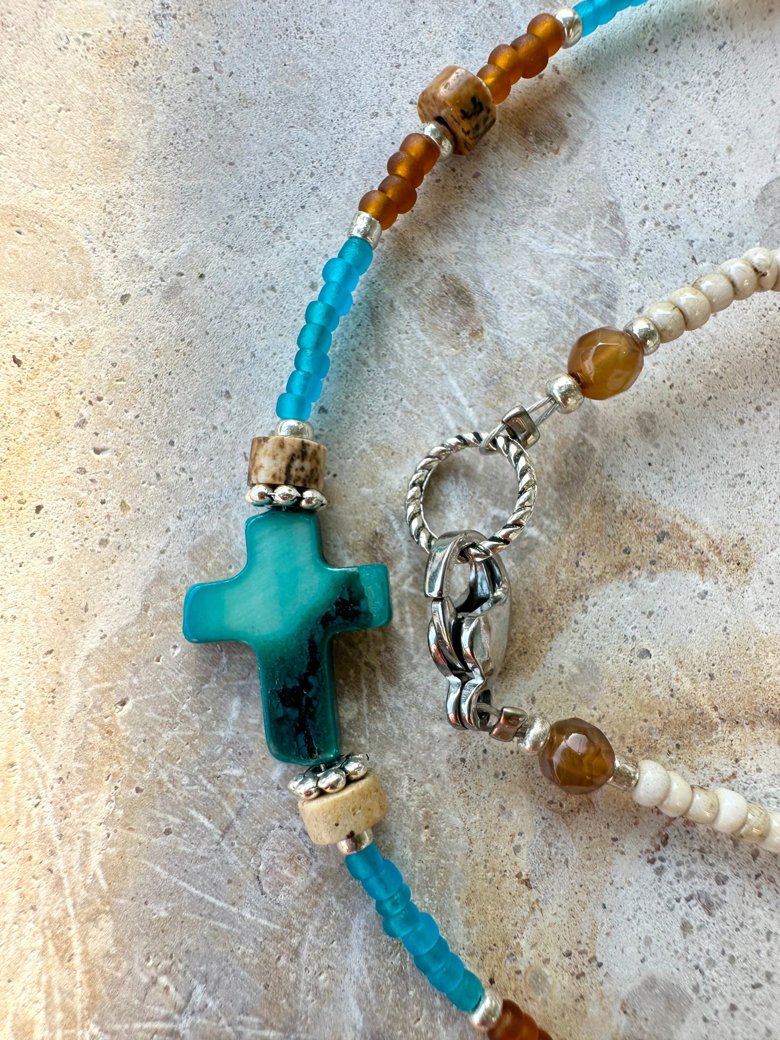 Vintage Seed Bead Turquoise Shell Cross Necklace
