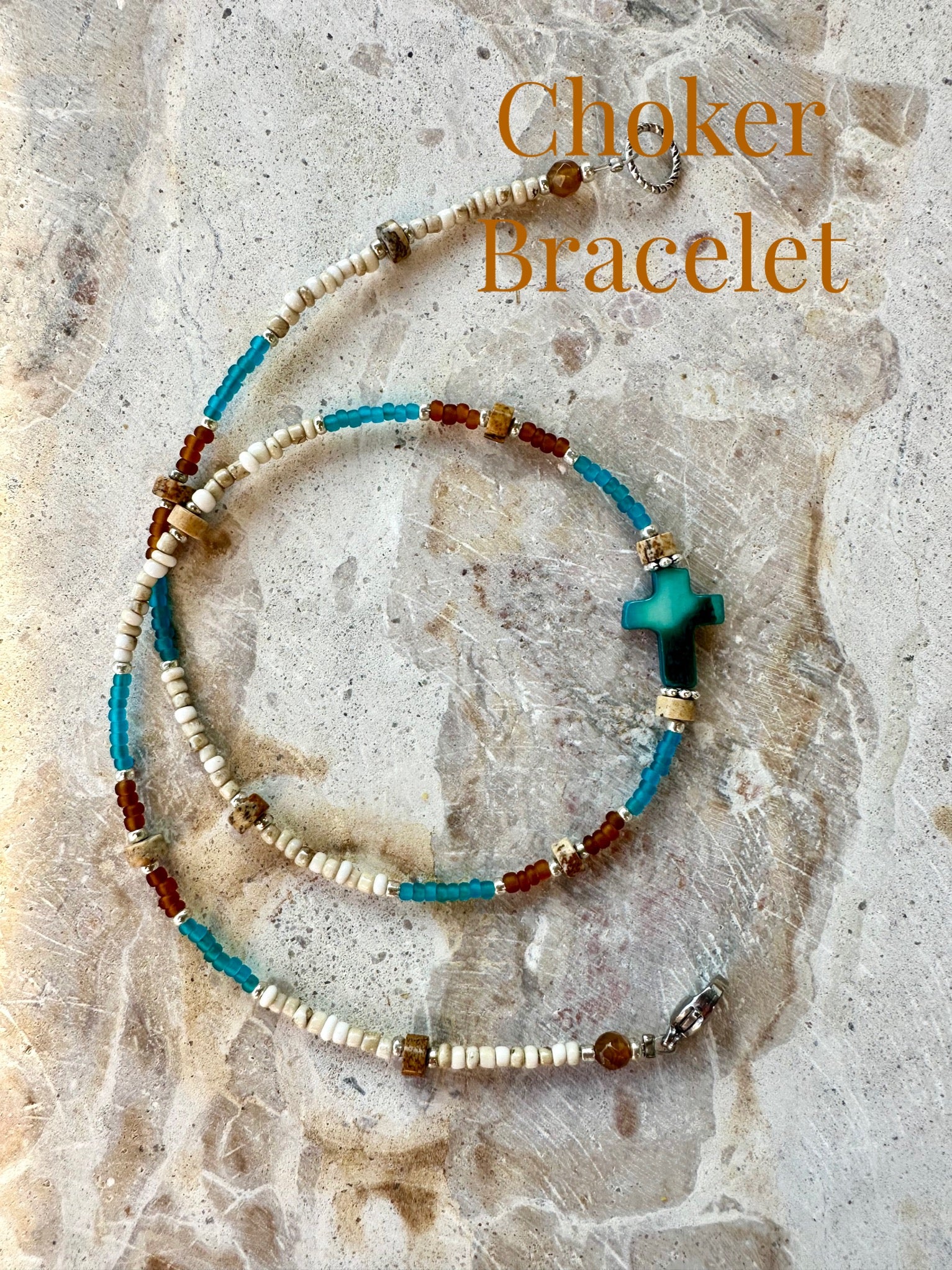 Vintage Seed Bead Turquoise Shell Cross Necklace