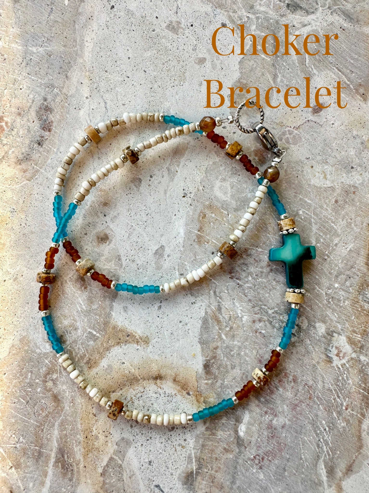 Vintage Seed Bead Turquoise Shell Cross Necklace