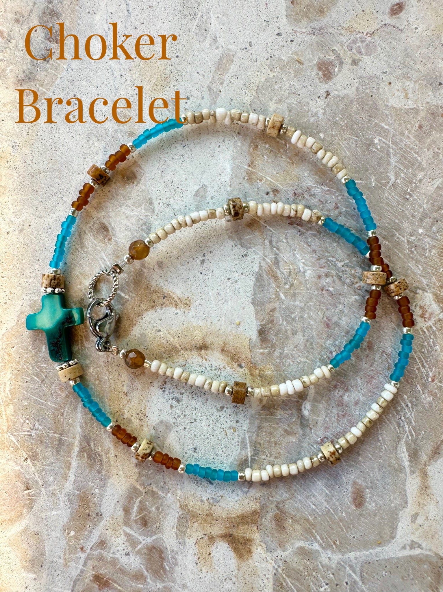 Vintage Seed Bead Turquoise Shell Cross Necklace