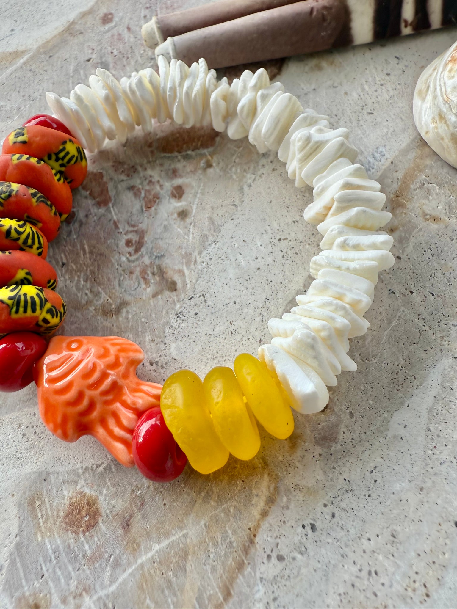 White Shell Orange Trade Bead Bracelet