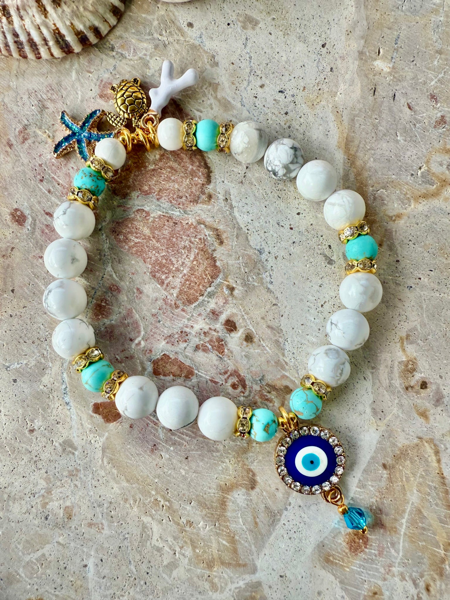 White Evil Eye Charm Beach Bracelet