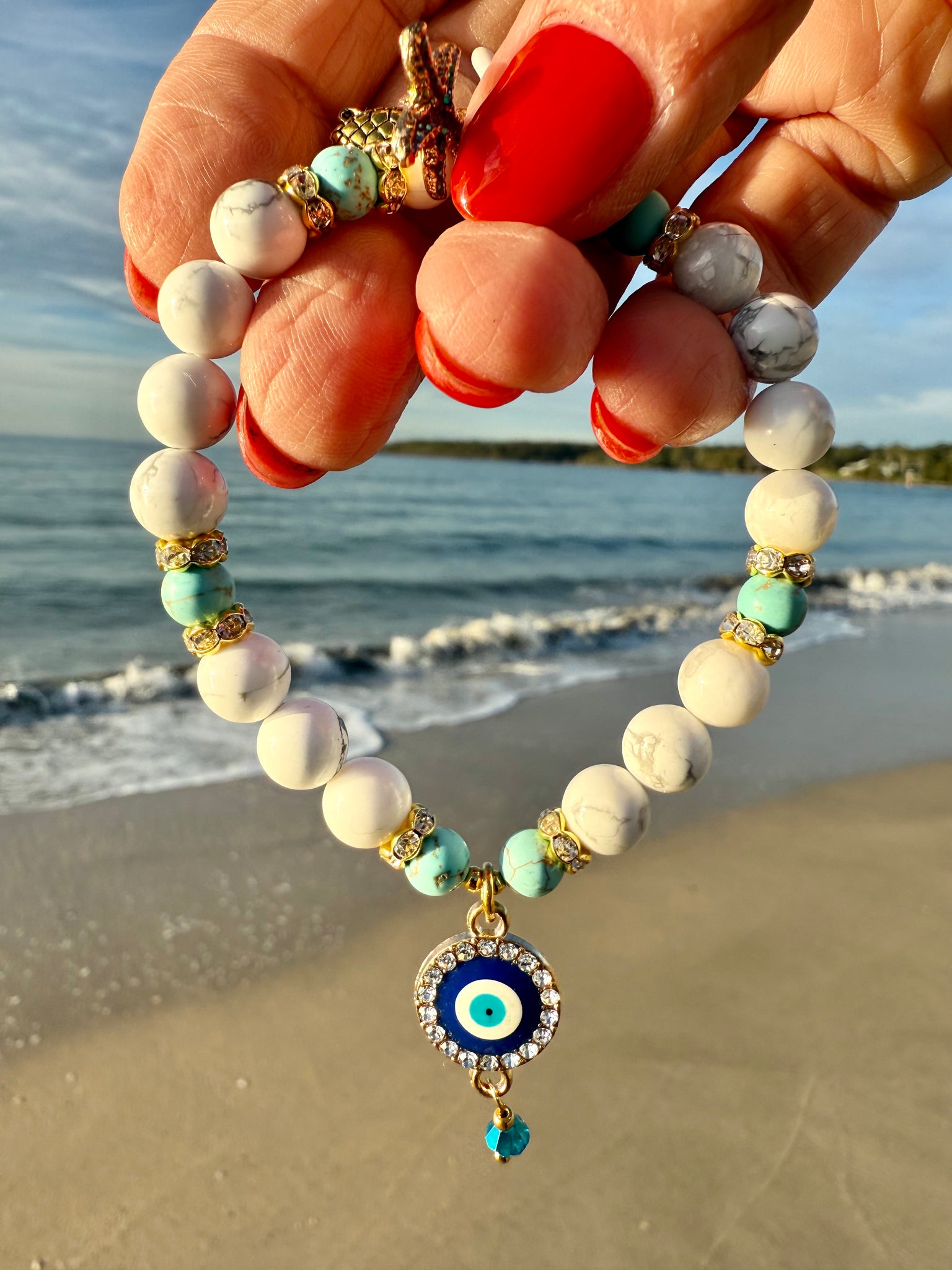 White Evil Eye Charm Beach Bracelet