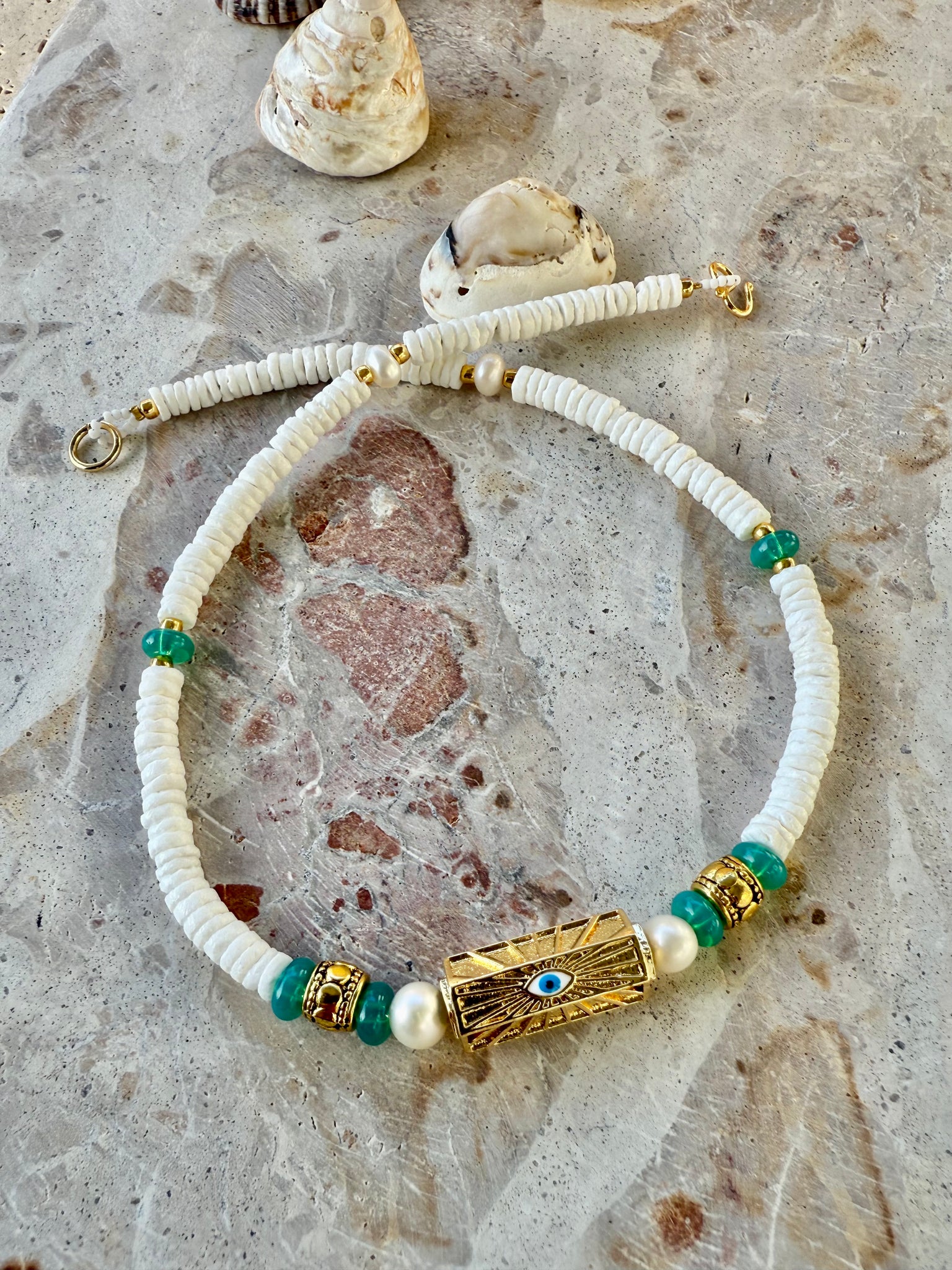 Gold Evil Eye Charm Shell Beaded Beach Choker