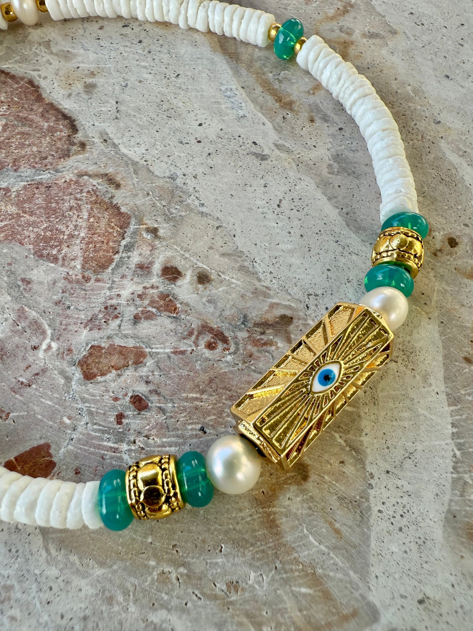 Gold Evil Eye Charm Shell Beaded Beach Choker