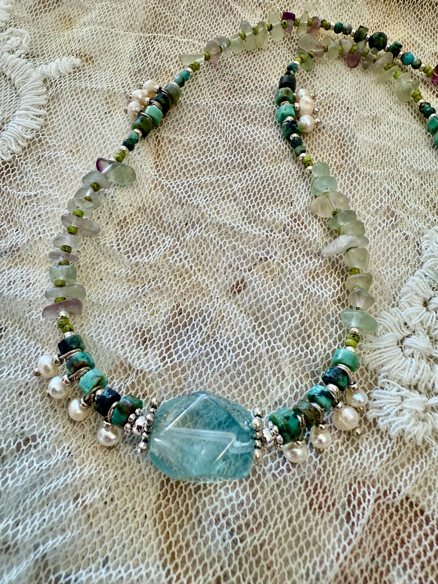 Turquoise Stone Beaded Pearl Necklace