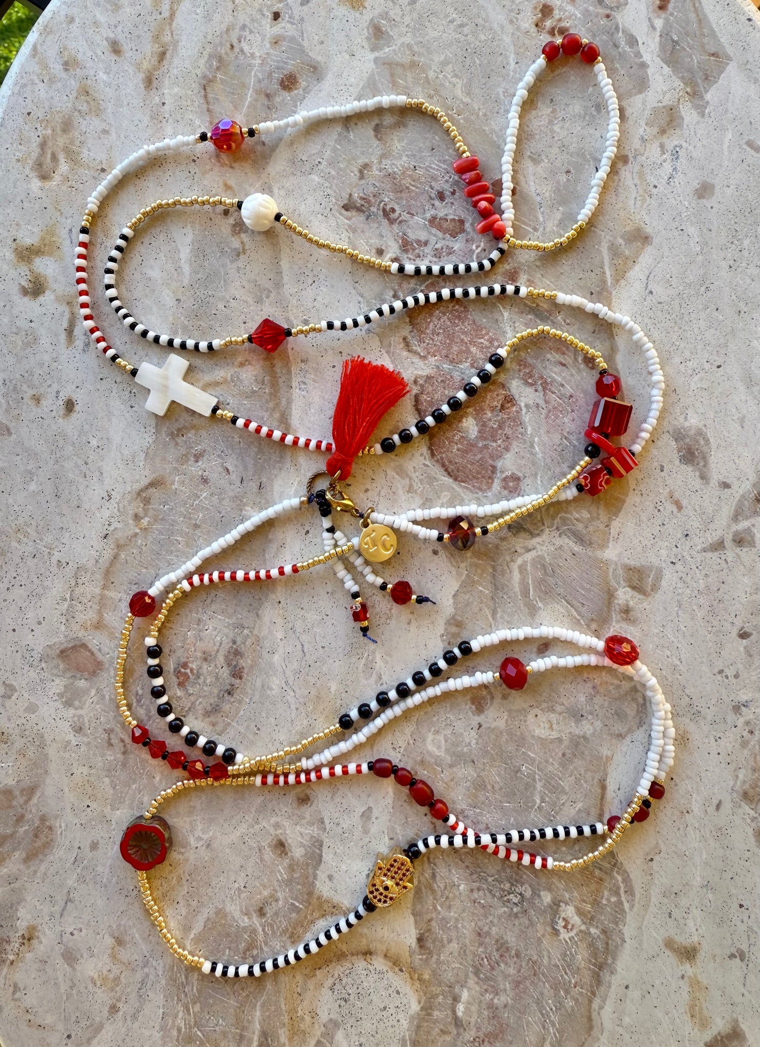 Positano Red White Black Charm Seed Bead Necklace