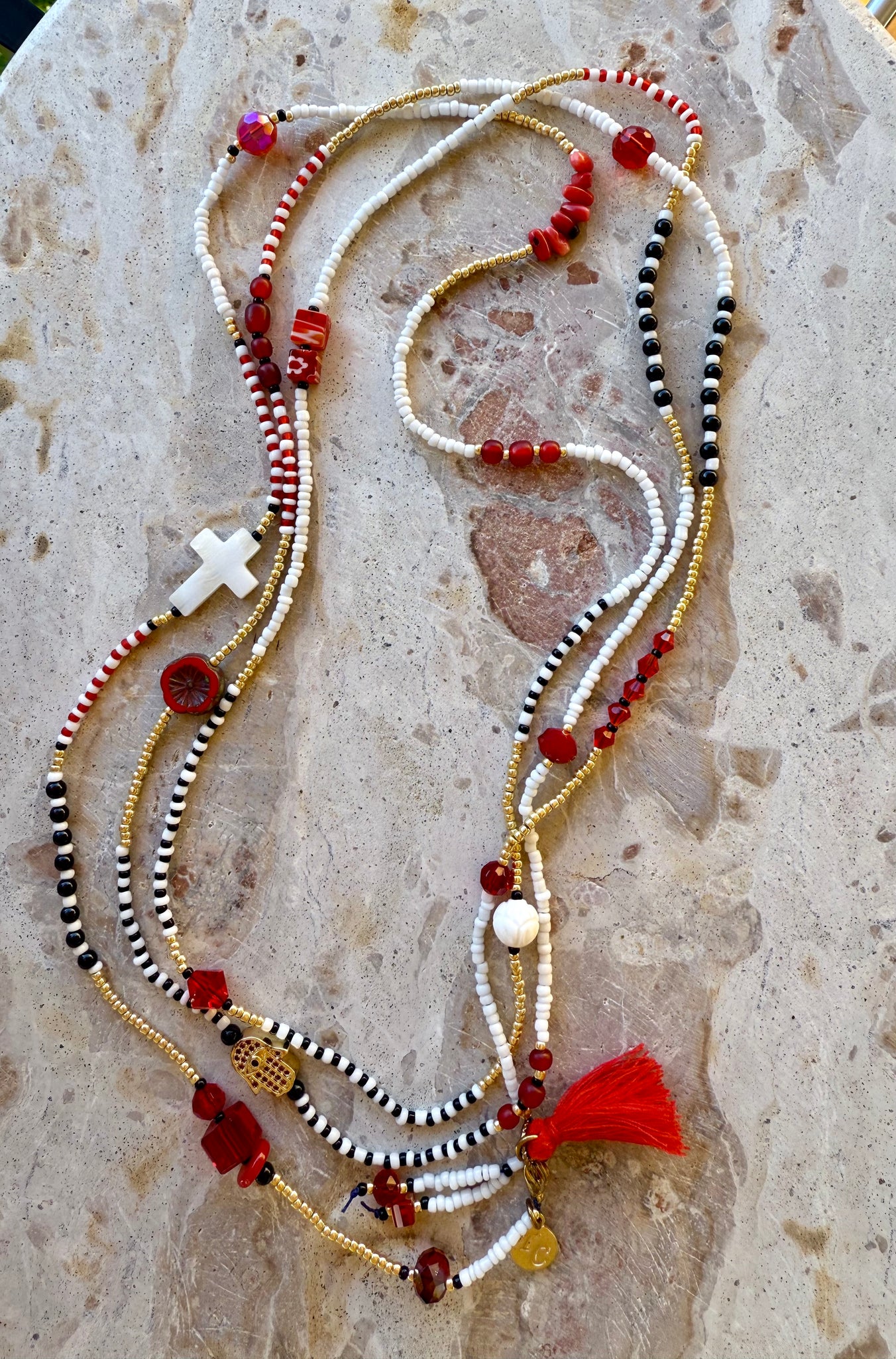 Positano Red White Black Charm Seed Bead Necklace