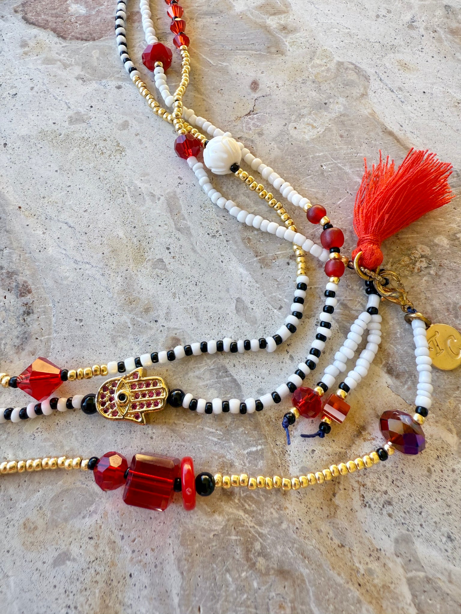 Positano Red White Black Charm Seed Bead Necklace