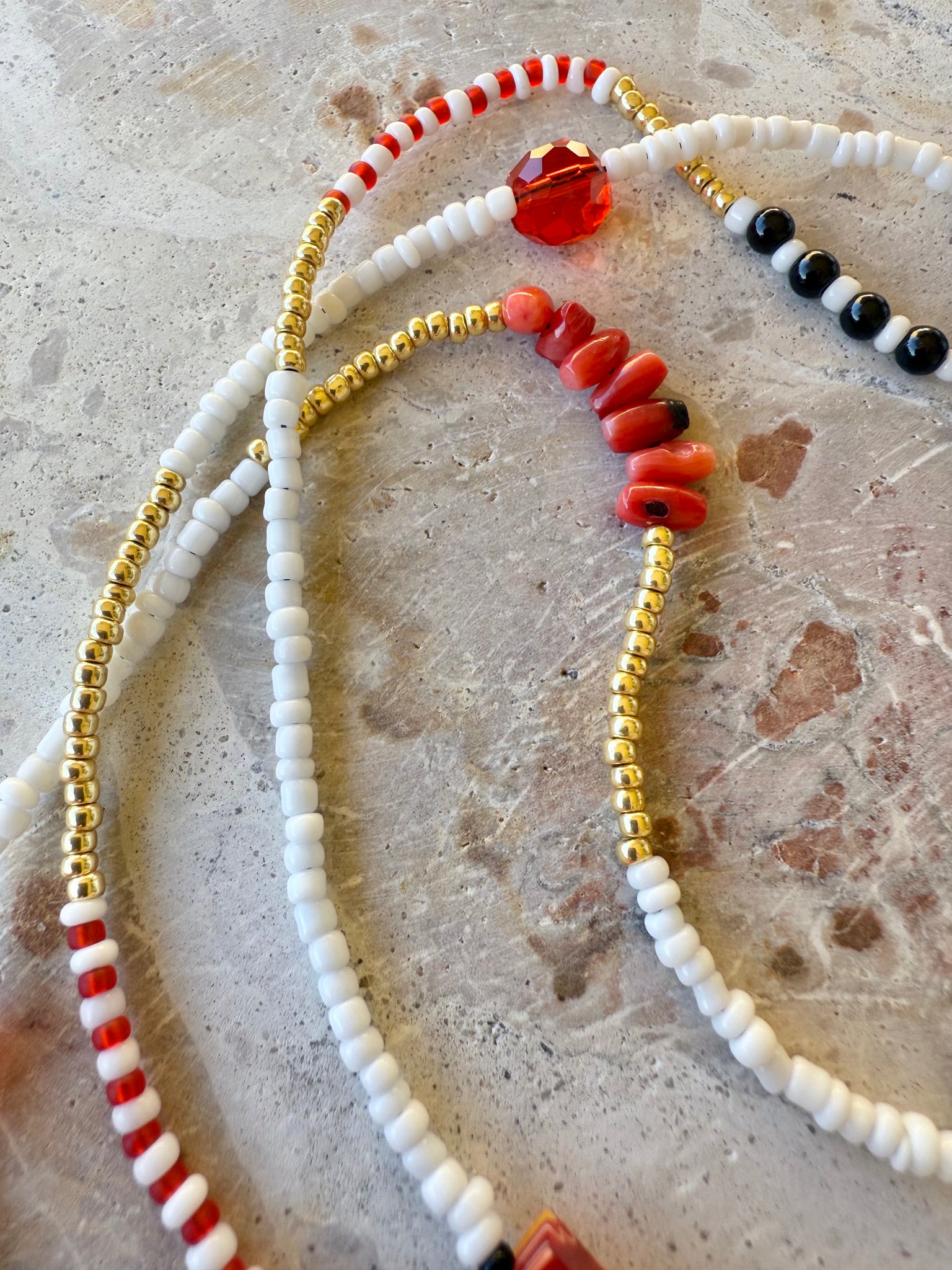Positano Red White Black Charm Seed Bead Necklace