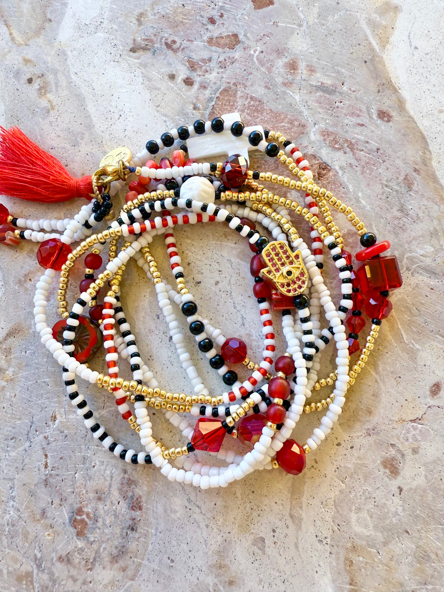 Positano Red White Black Charm Seed Bead Necklace