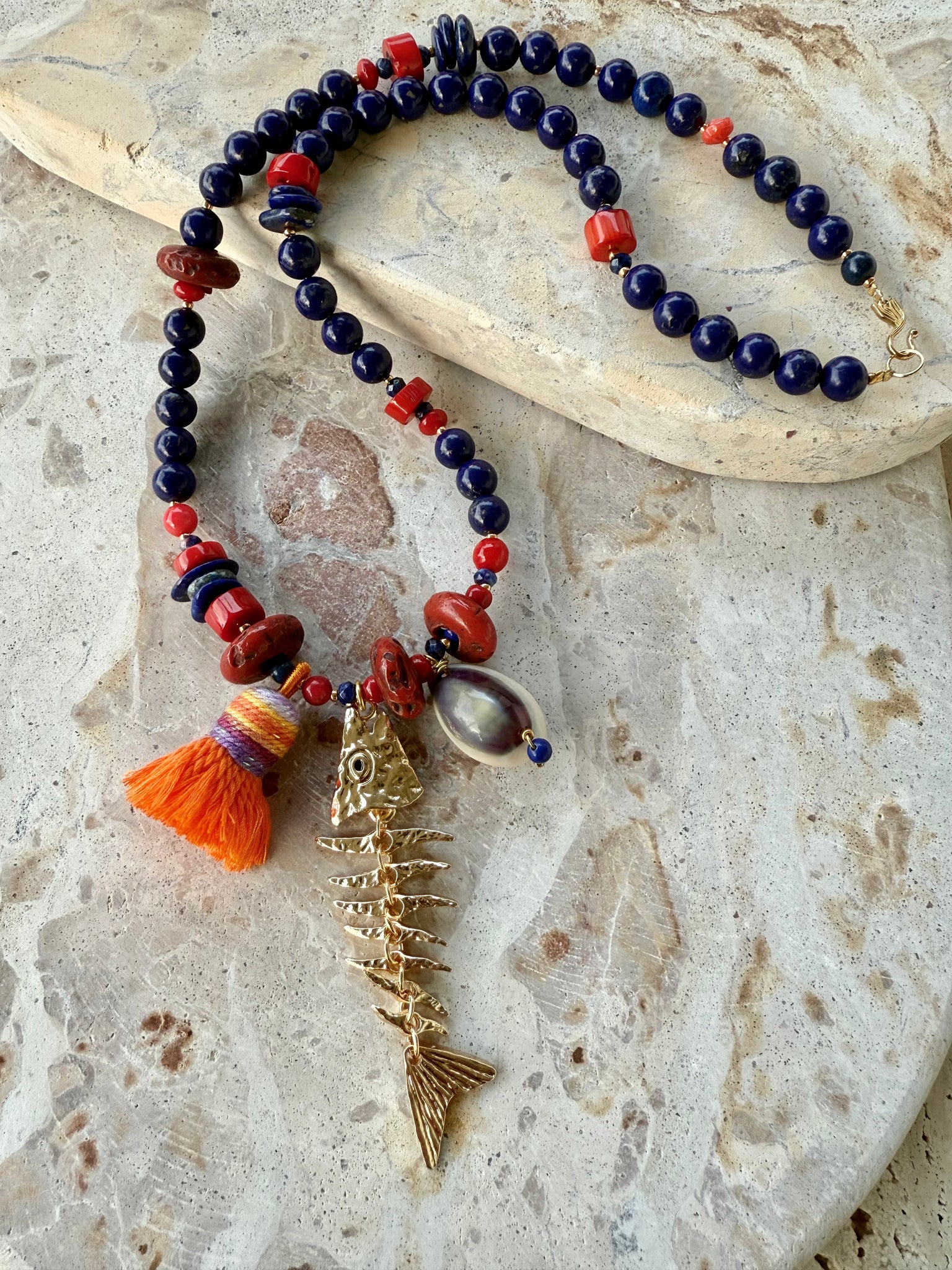 Red Coral Blue Stone Charm Necklace
