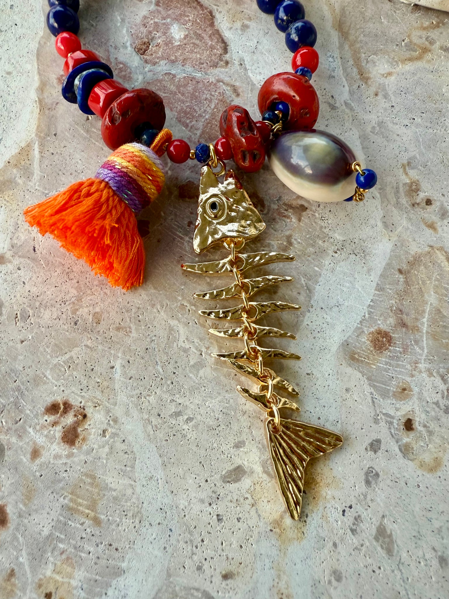 Red Coral Blue Stone Charm Necklace