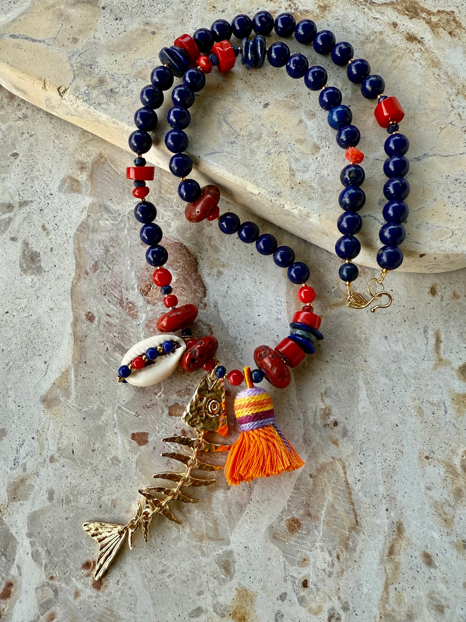 Red Coral Blue Stone Charm Necklace