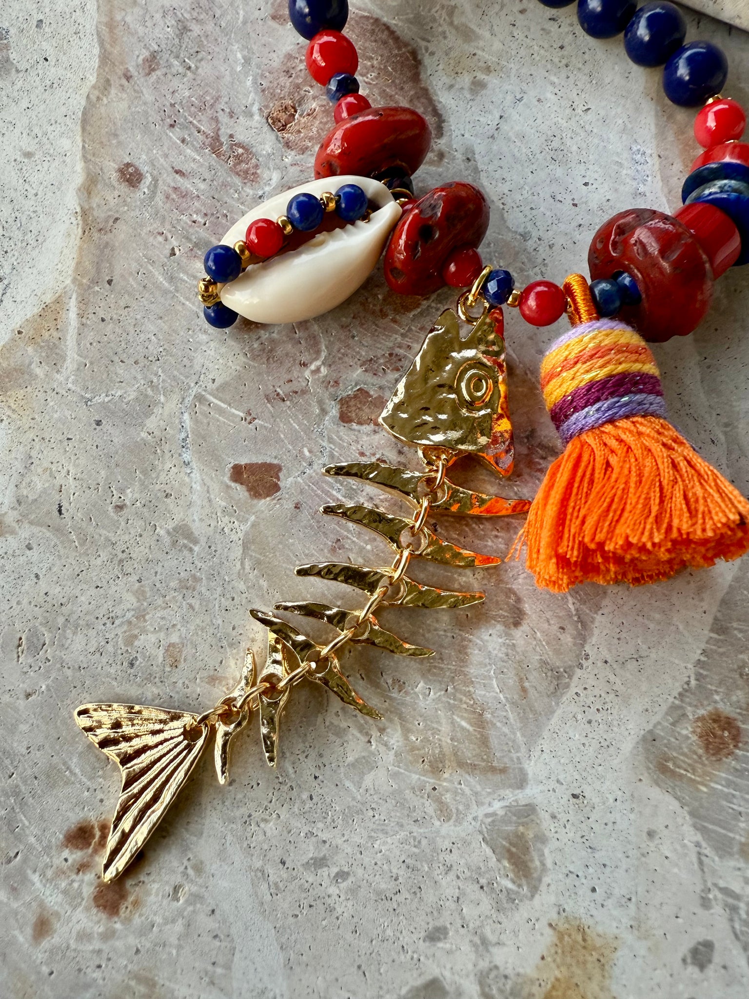 Red Coral Blue Stone Charm Necklace