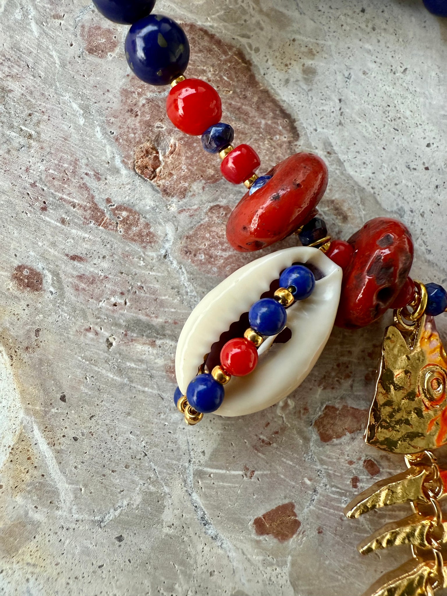 Red Coral Blue Stone Charm Necklace