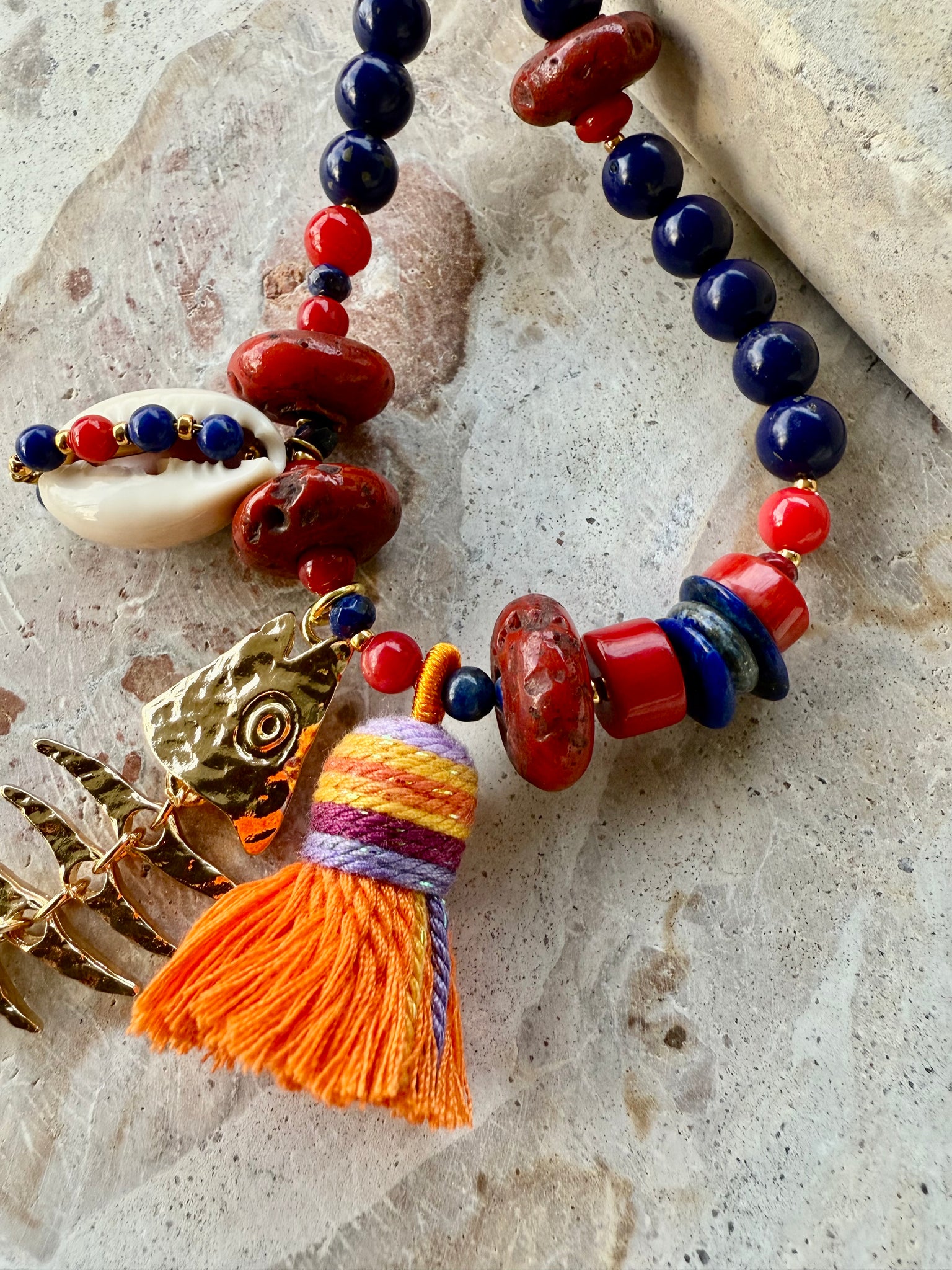 Red Coral Blue Stone Charm Necklace