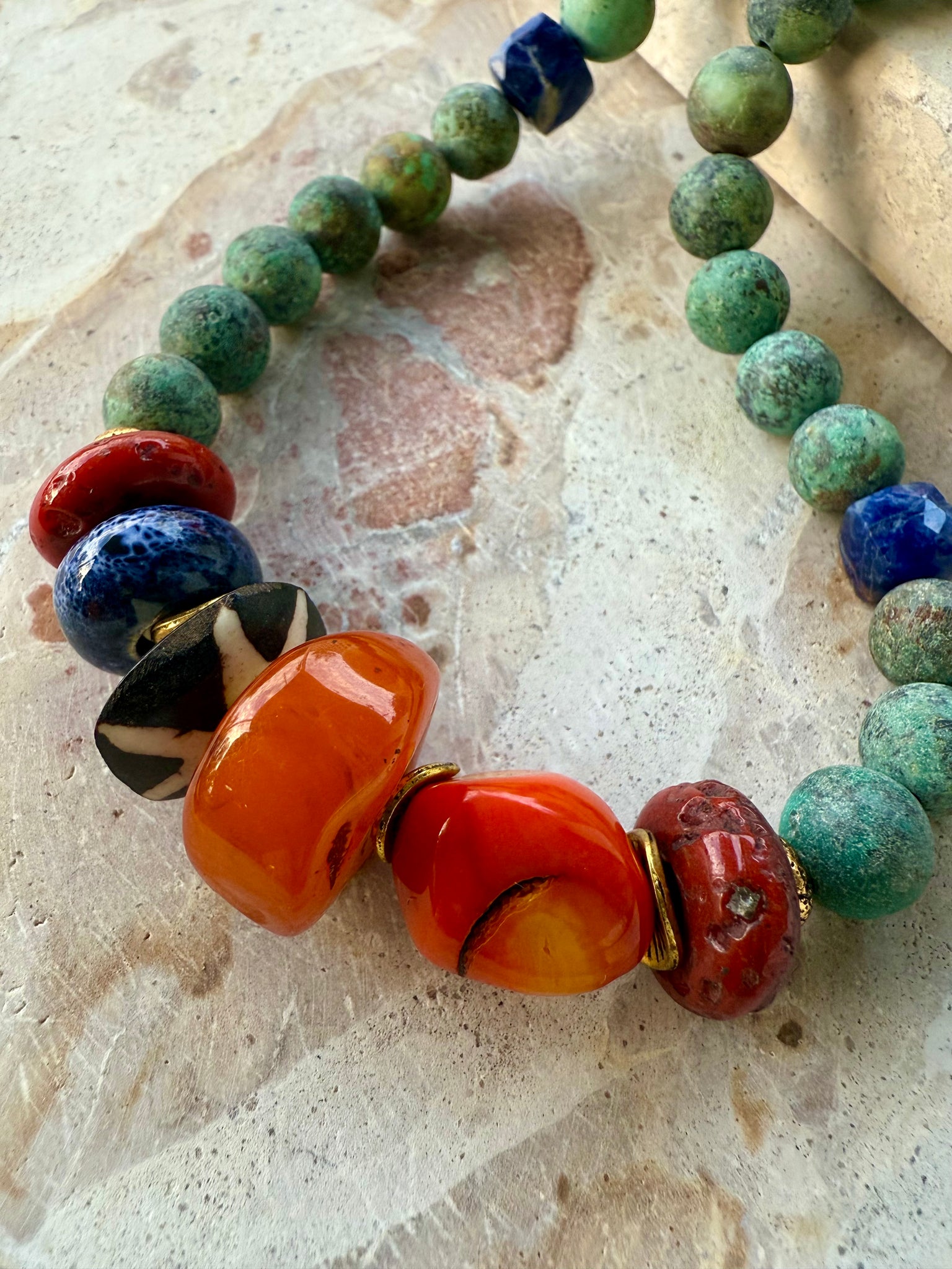 Turquoise Stone Orange Beaded Shell Necklace