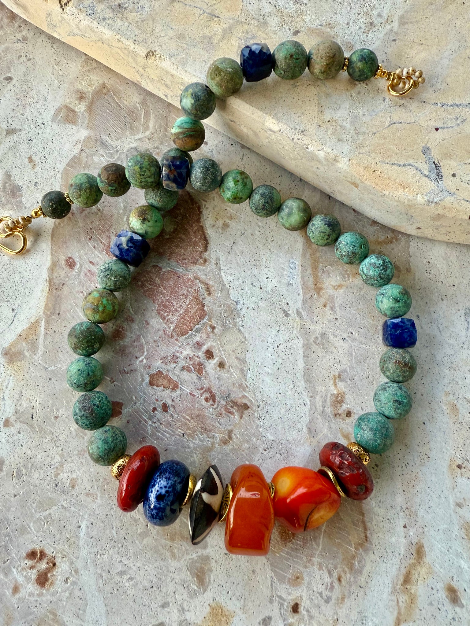 Turquoise Stone Orange Beaded Shell Necklace