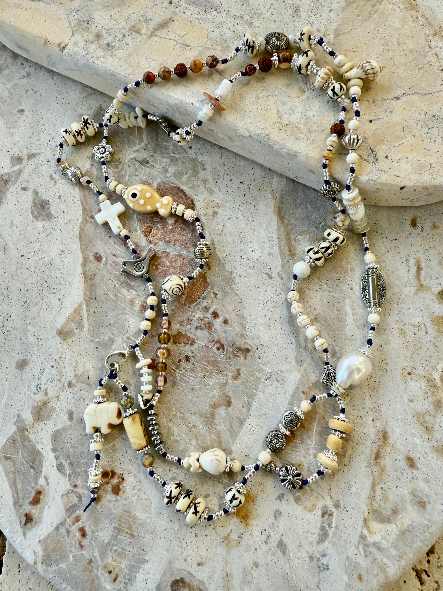 Silver Charm Knotted Beaded Necklace