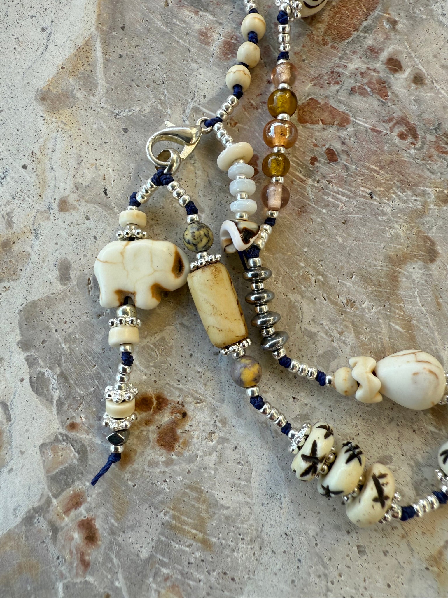 Silver Charm Knotted Beaded Necklace